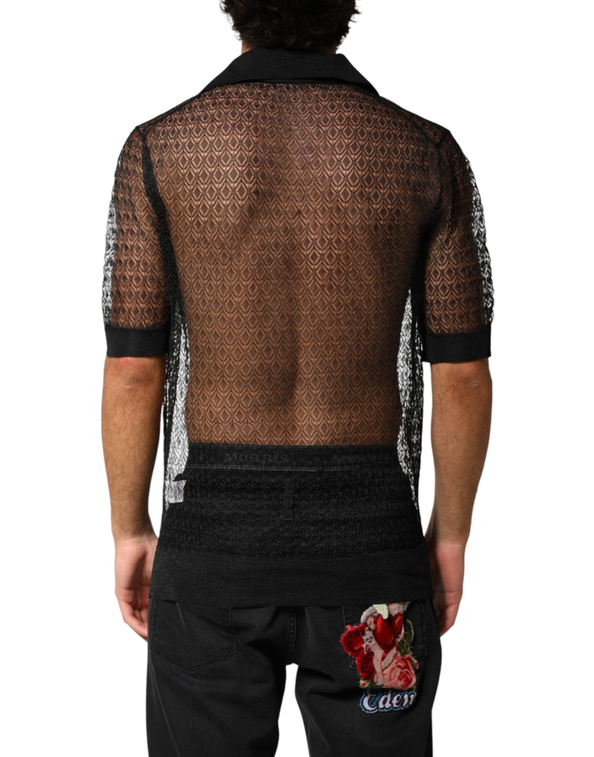 Black Sheer Short Sleeves Casual Polo Top