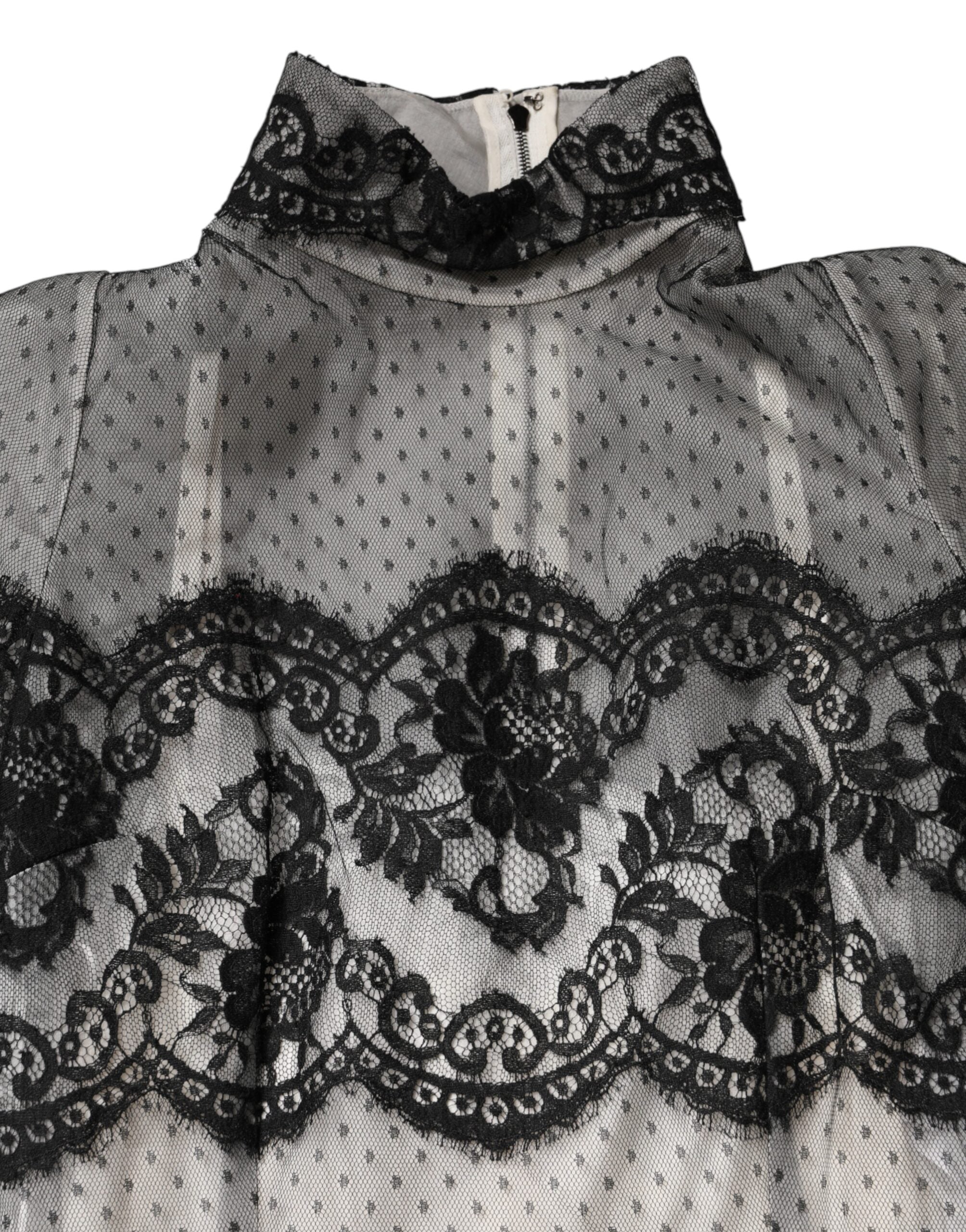 Black White Lace Silk Blend MaxiSheath Dress