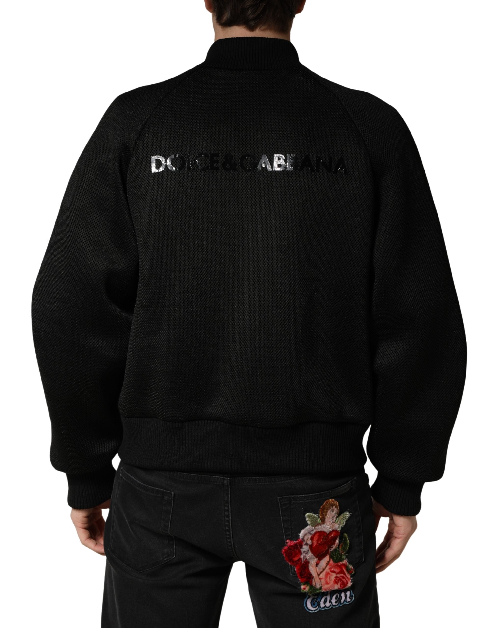 Men Black Nylon Full Zip Bomber Jacket