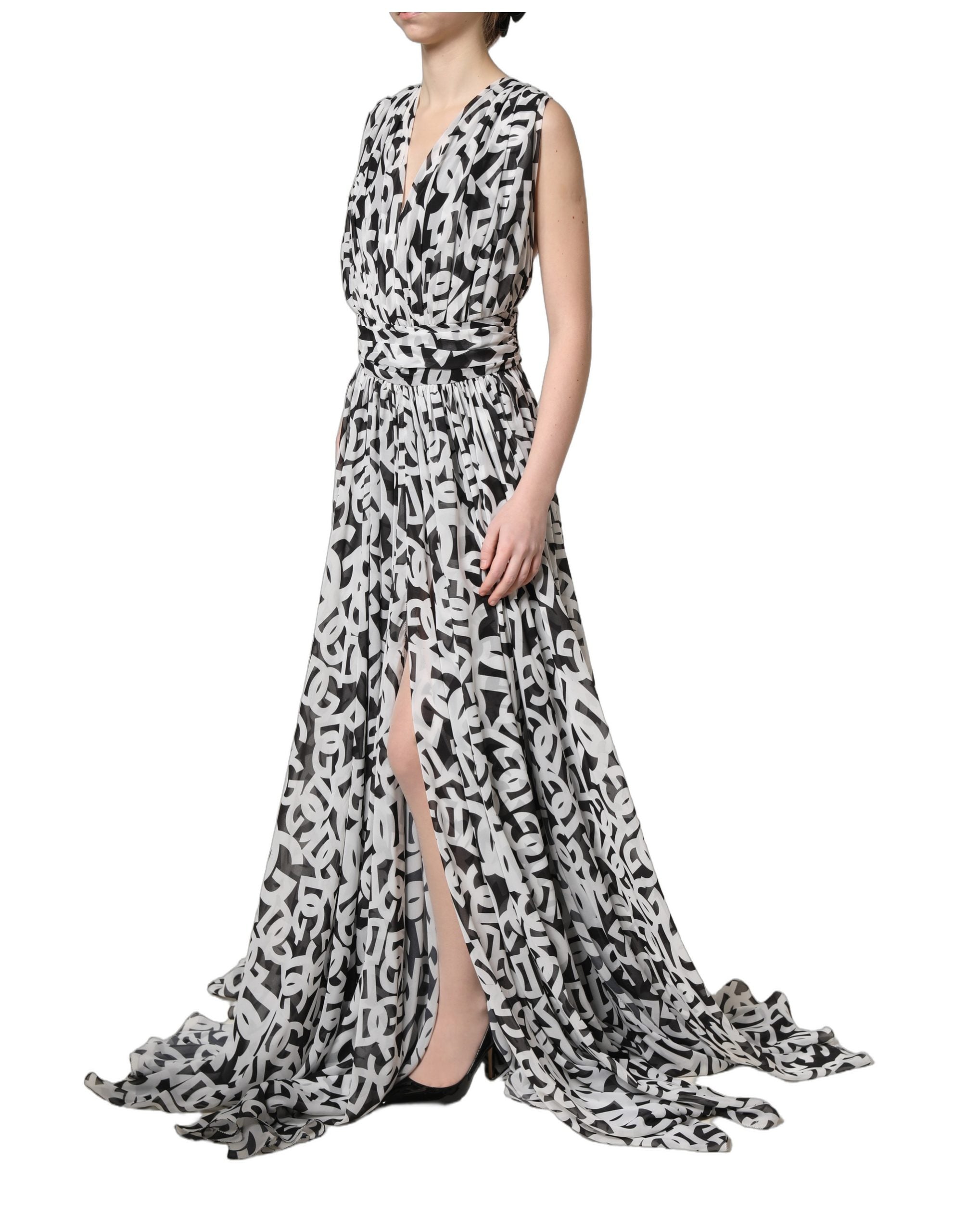 Black White Logo Sleeveless Floor Length Maxi Dress