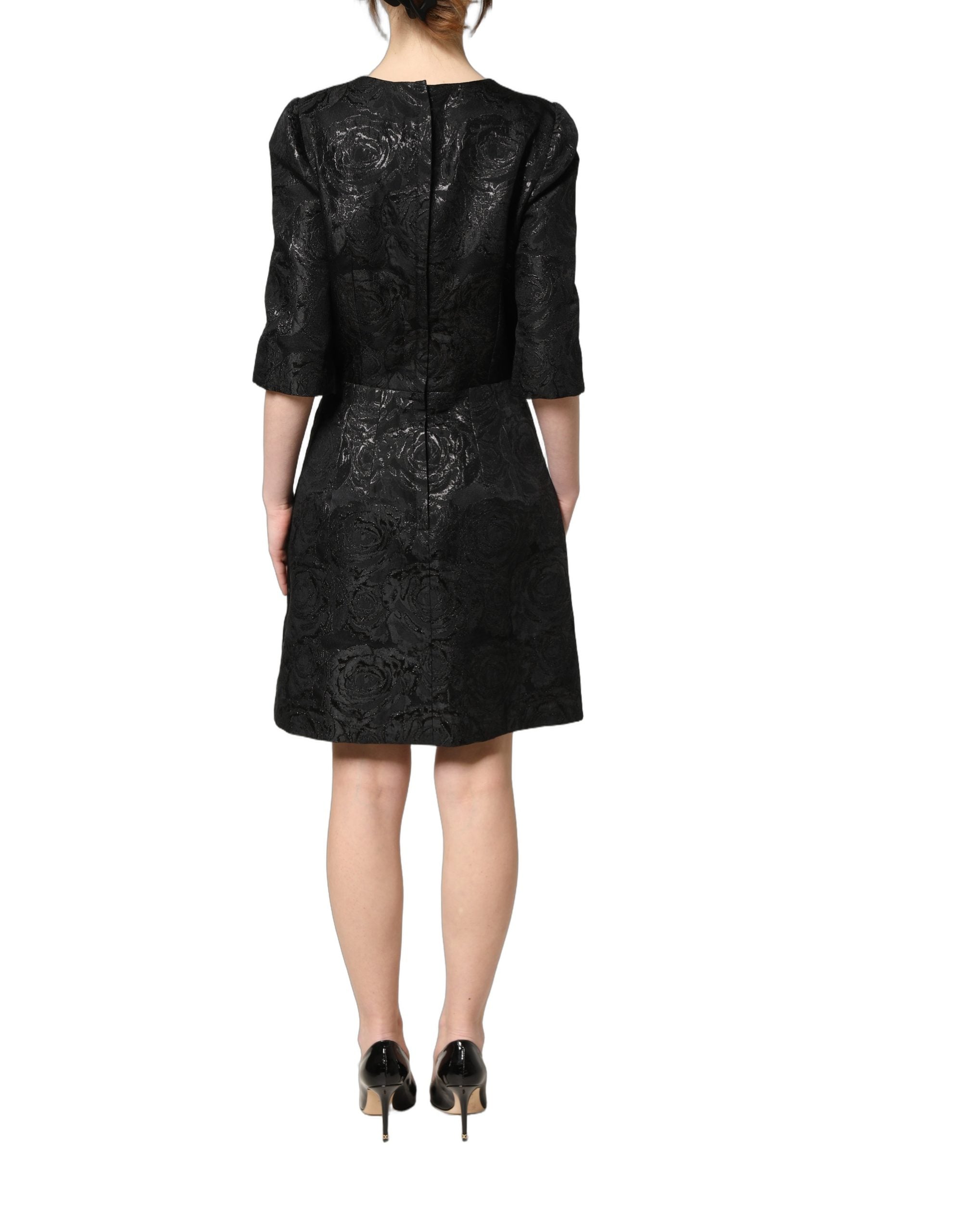 Black Floral Jacquard Flared A-line Dress