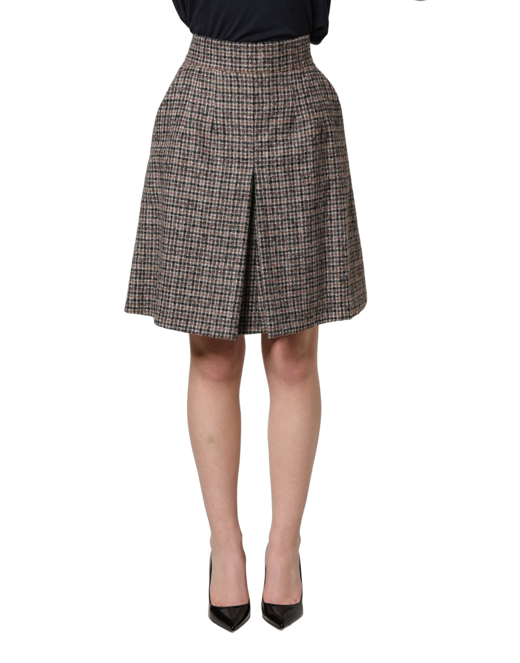 Brown Tweed Kick Pleat High Waist Mini Skirt