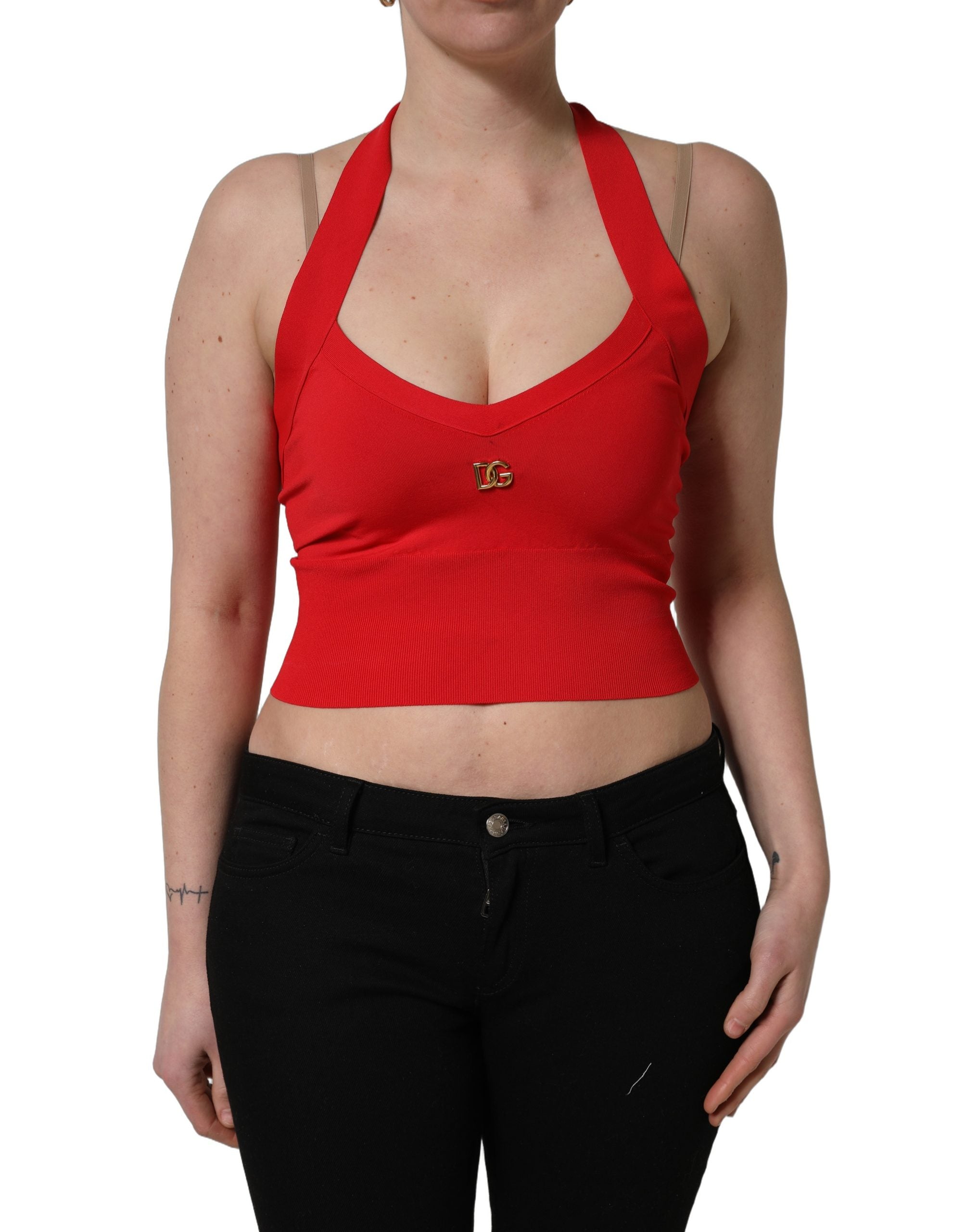 Red Viscose Sleeveless Halter Crop Tank Top