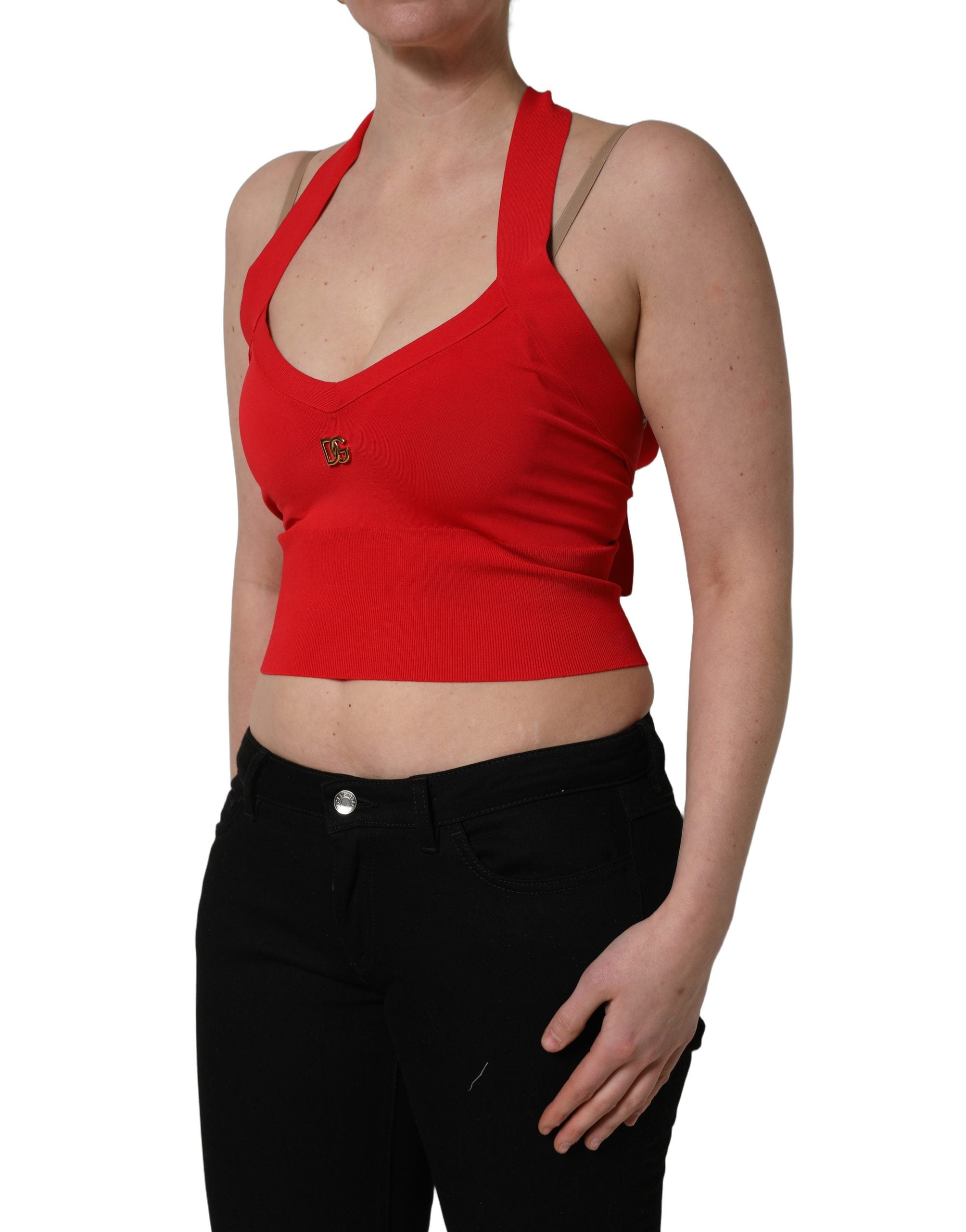 Red Viscose Sleeveless Halter Crop Tank Top