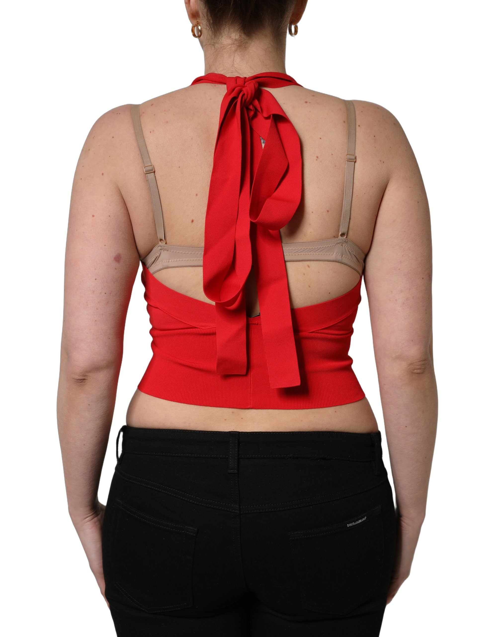 Red Viscose Sleeveless Halter Crop Tank Top