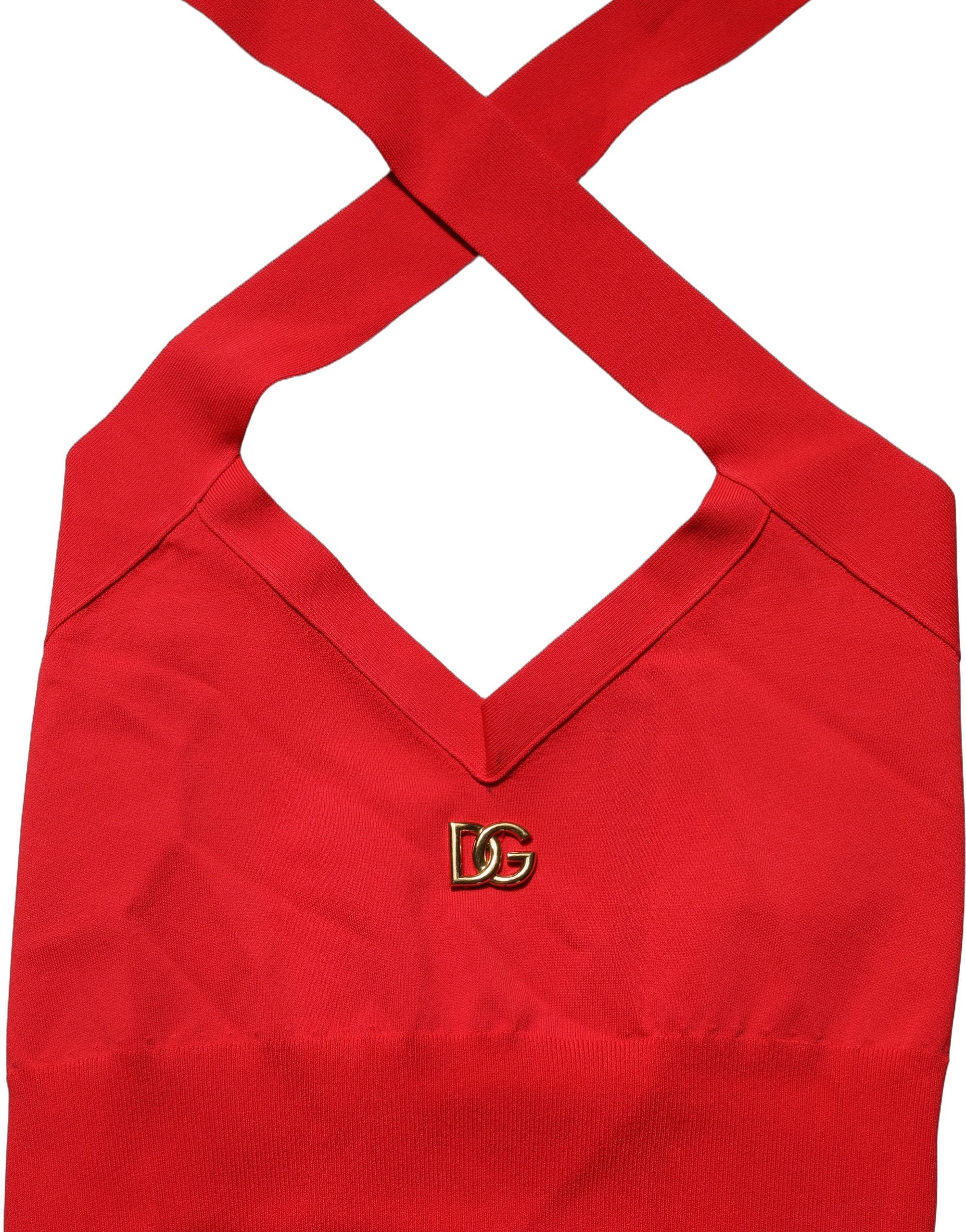 Red Viscose Sleeveless Halter Crop Tank Top