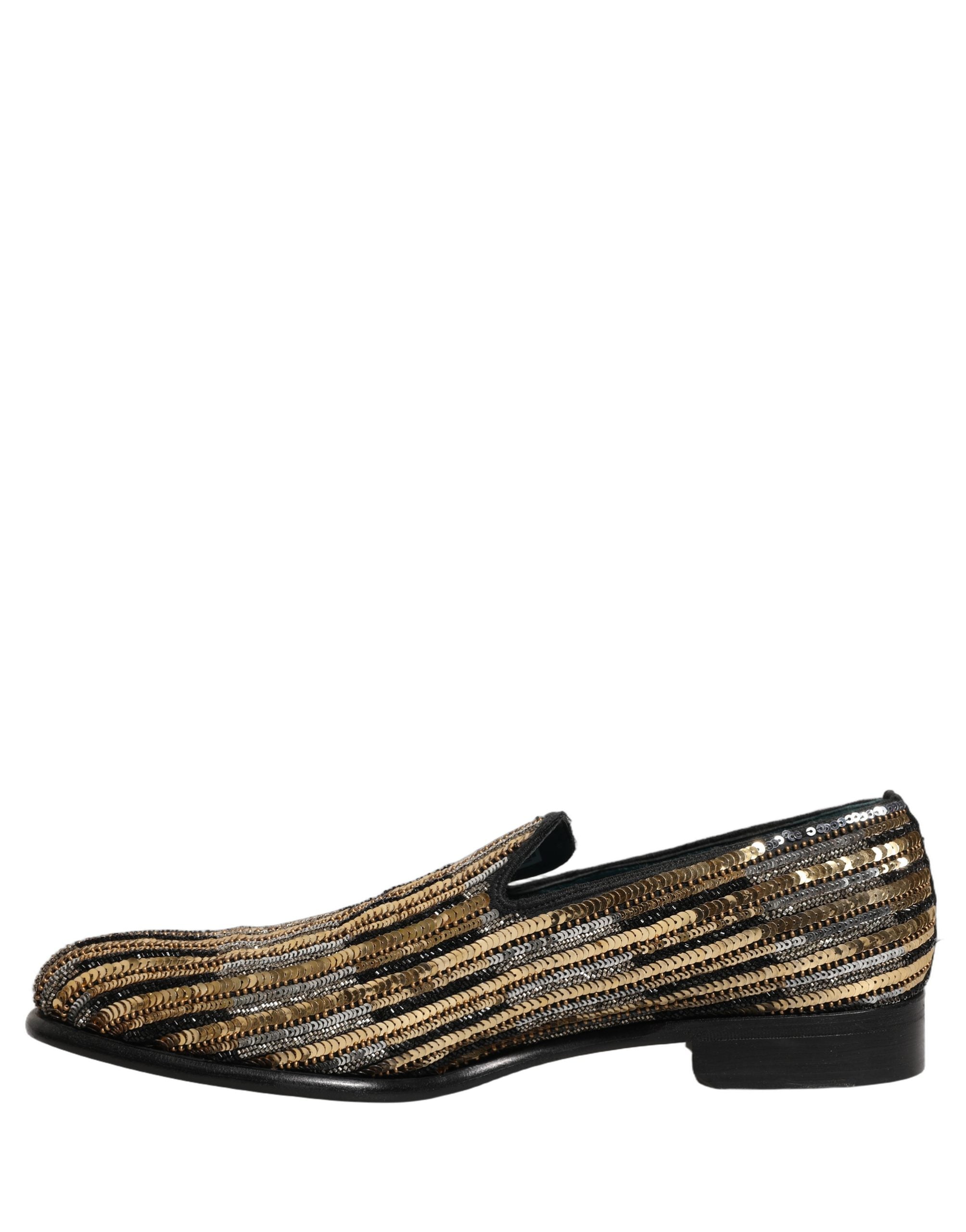 Gold Striped Sequin Embellished Loafer Shoes