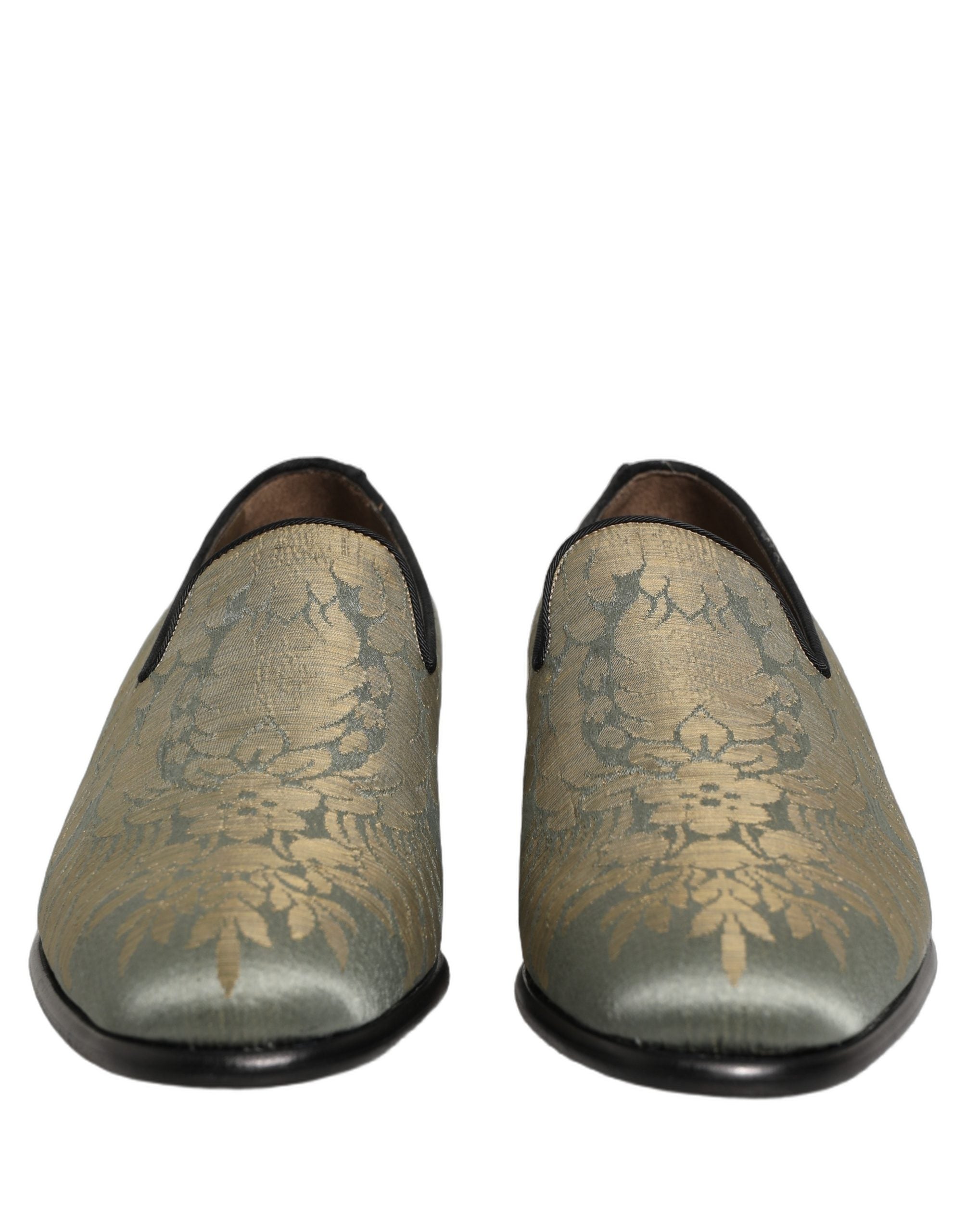 Gold Floral Jacquard Slip On Loafers Shoes