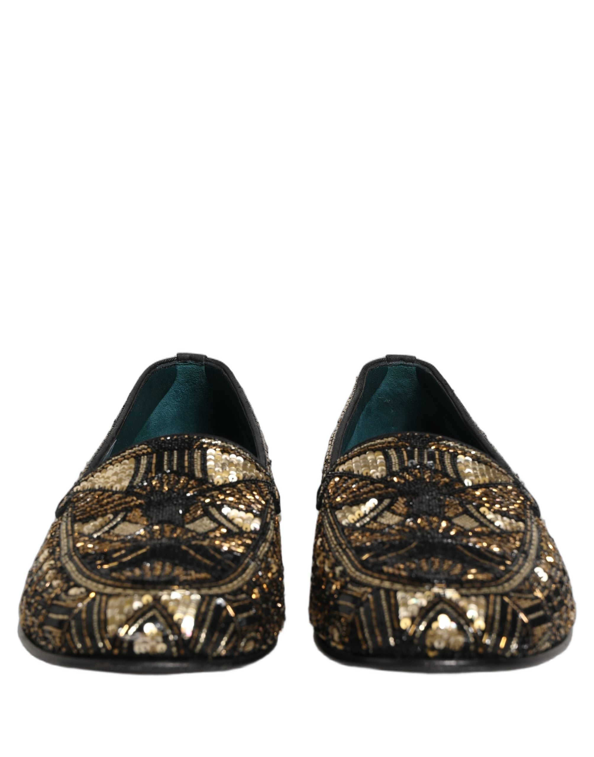Black Gold Embellished Slip On Loafers Shoes