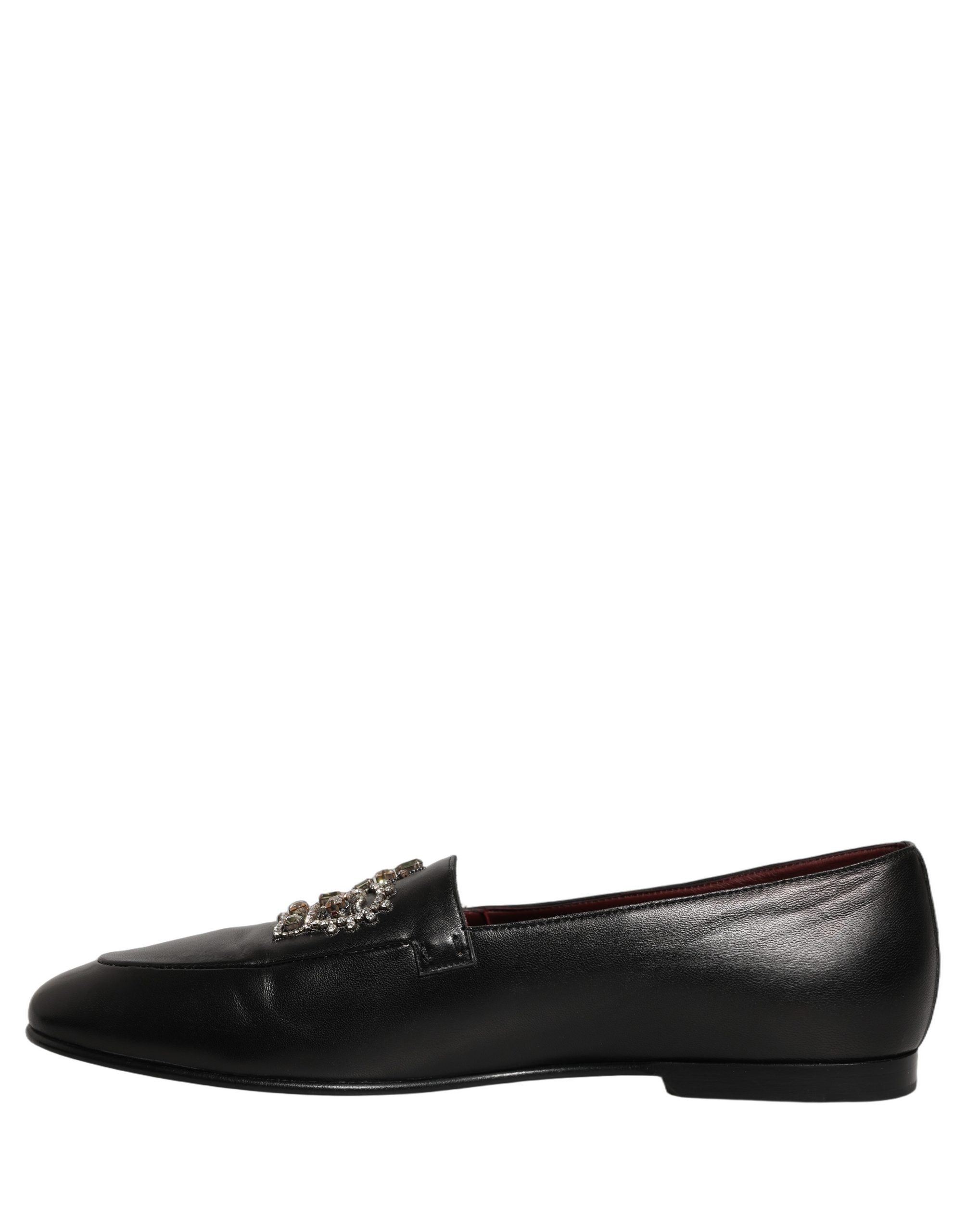 Black Leather Crown Embellished Loafers Shoes