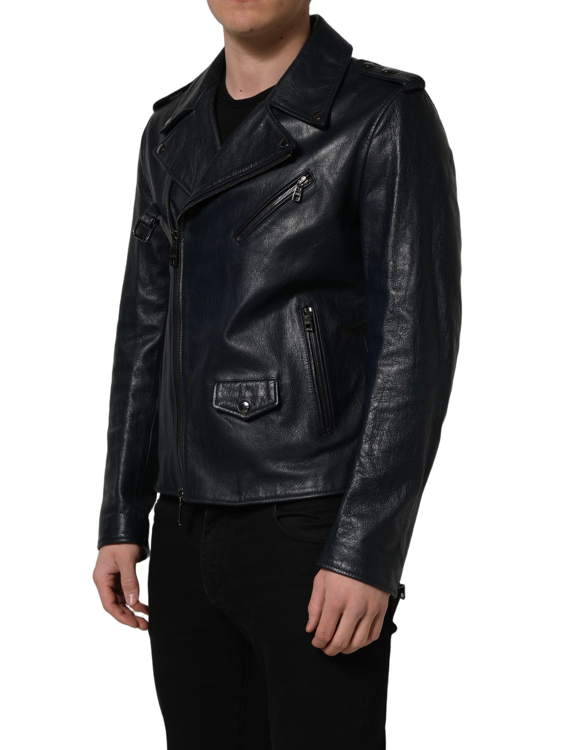 Black Leather Men Biker Coat Goatskin Jacket