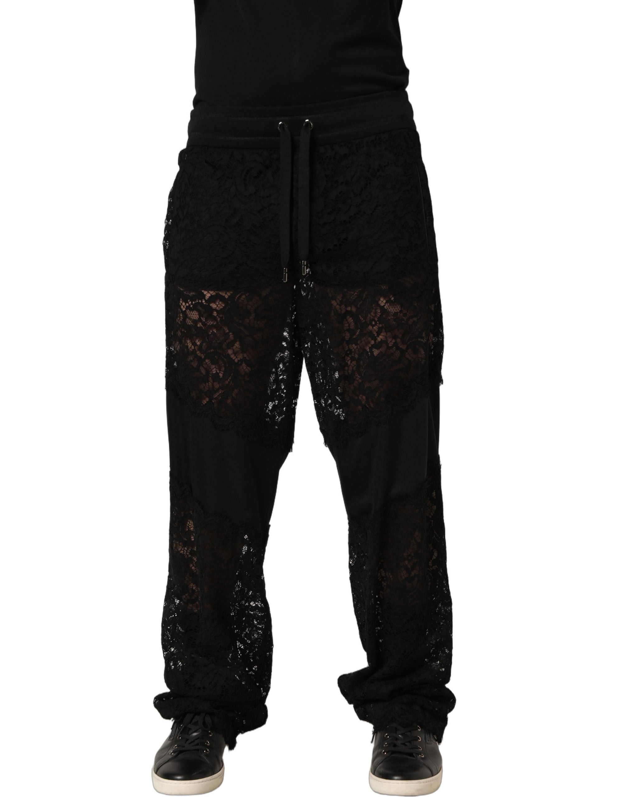 Black Lace Mid Waist Jogger Men Trouser Pants