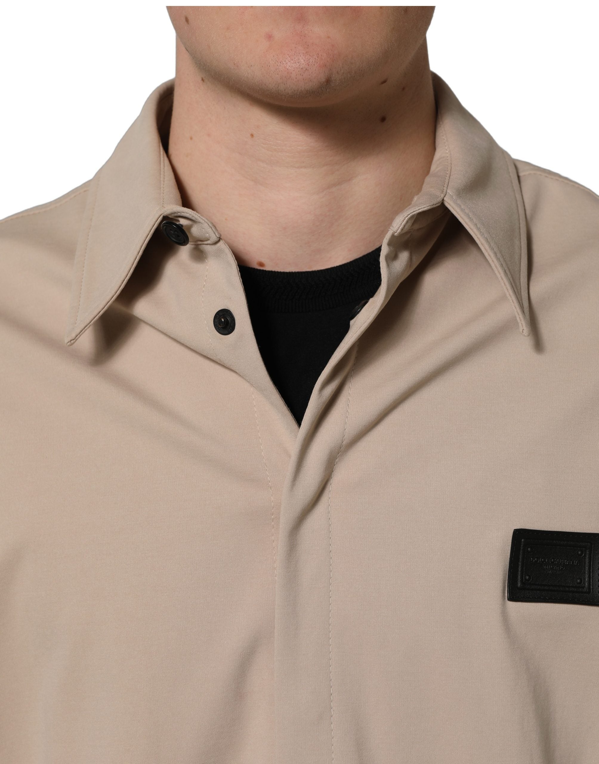 Beige Logo Overshirt Cotton Men Casual Shirt