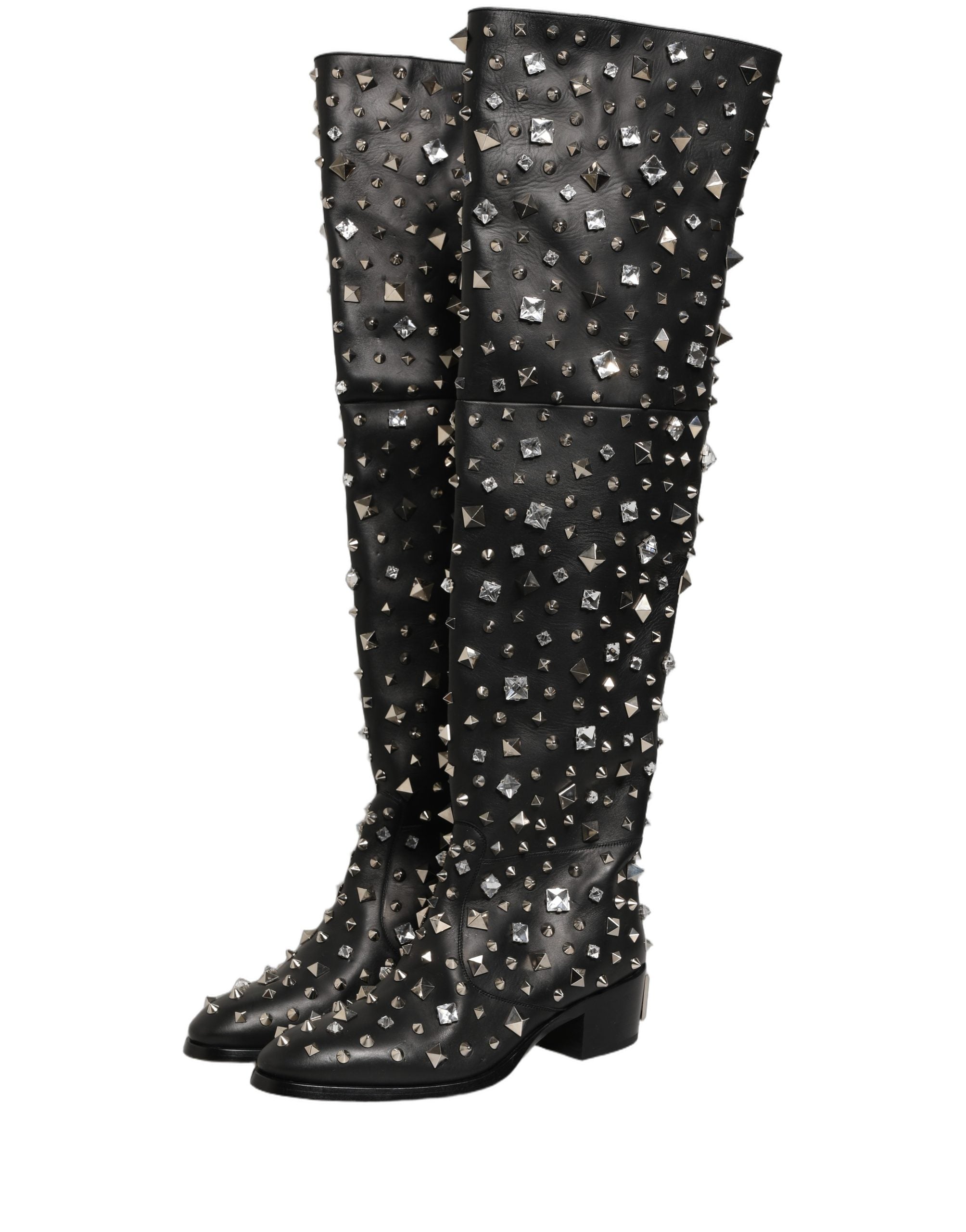 Black Crystal Embellished High Boots Shoes