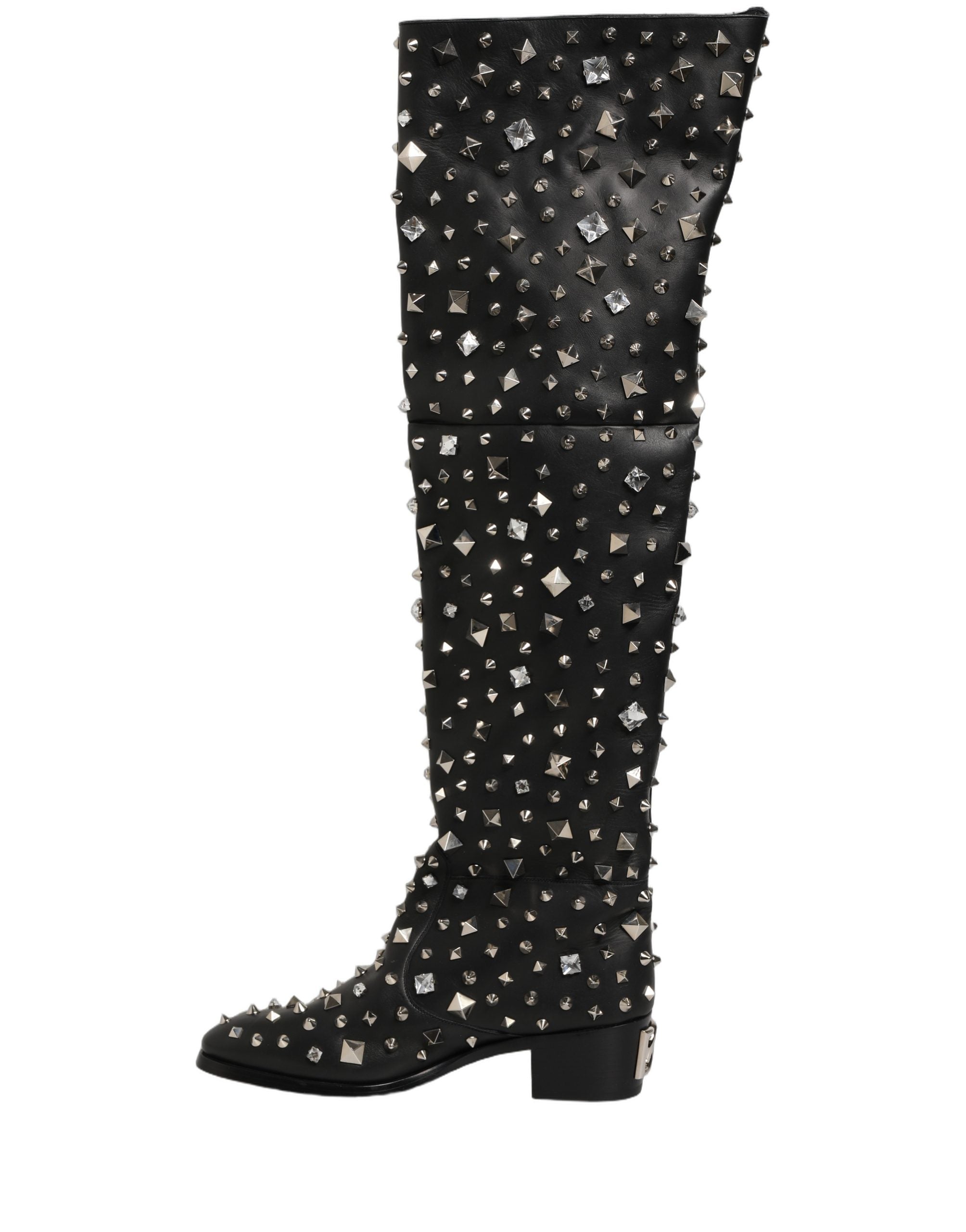 Black Crystal Embellished High Boots Shoes