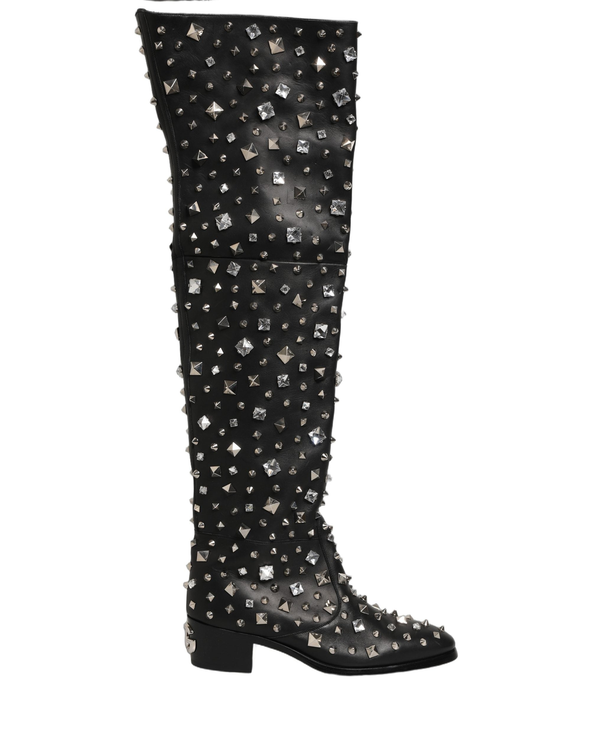 Black Crystal Embellished High Boots Shoes