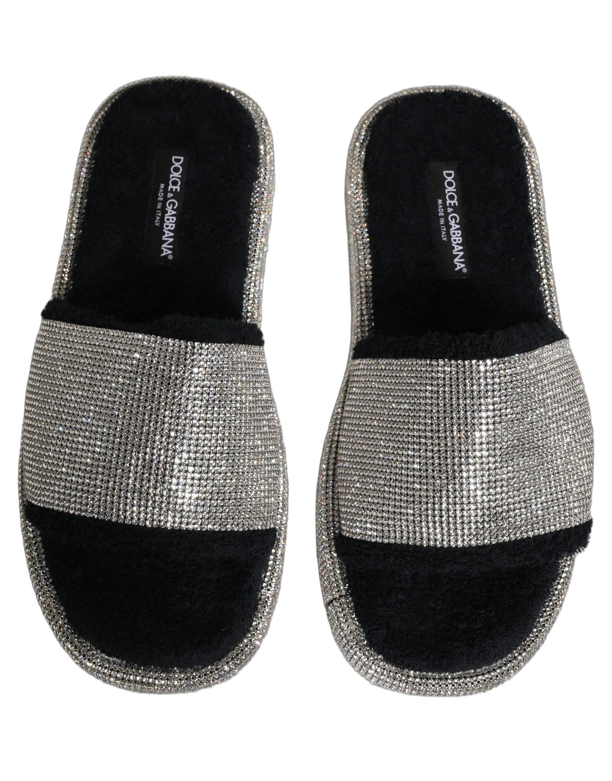 Black Crystal Embellished Platform Men Slides Shoes