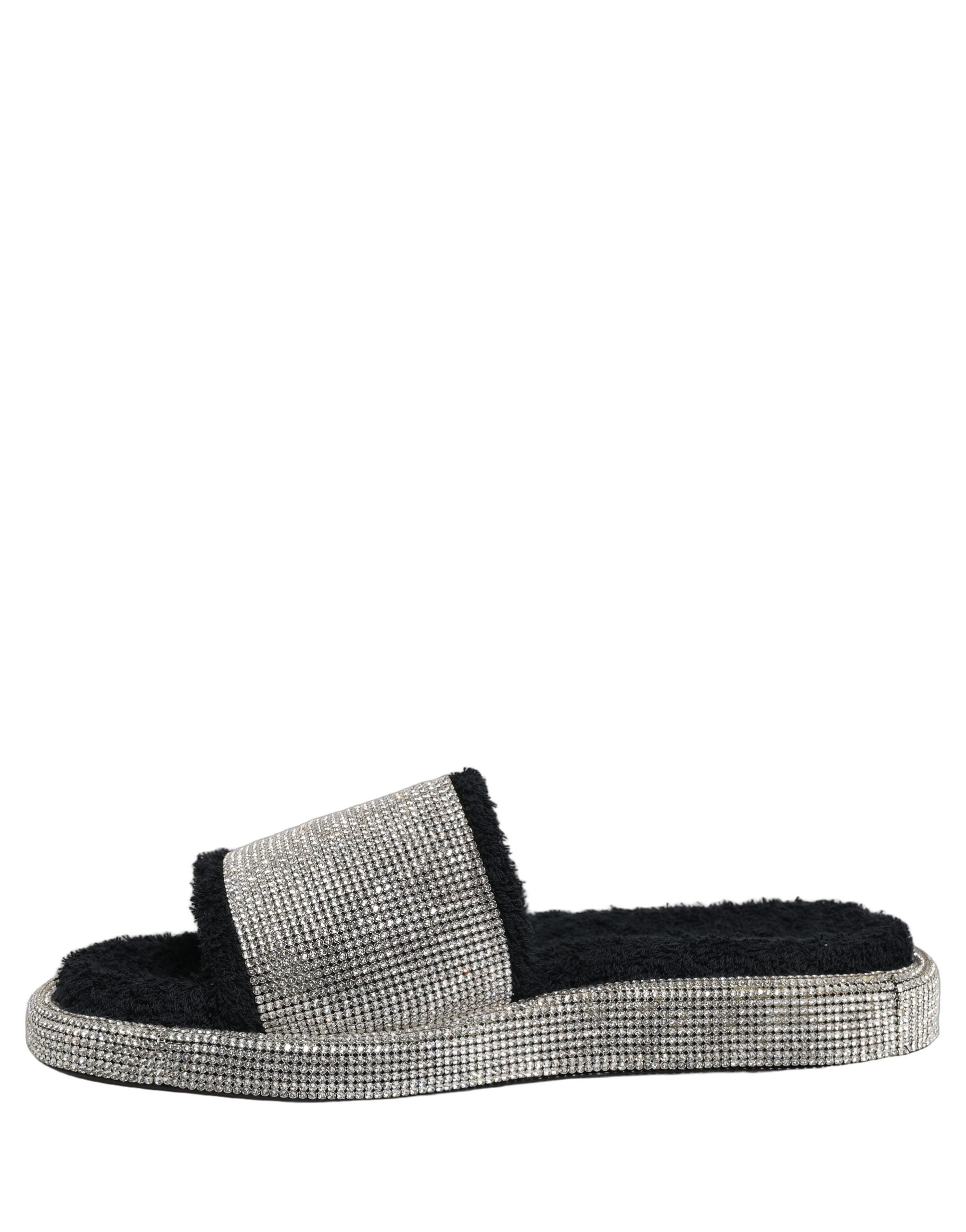 Black Crystal Embellished Platform Men Slides Shoes