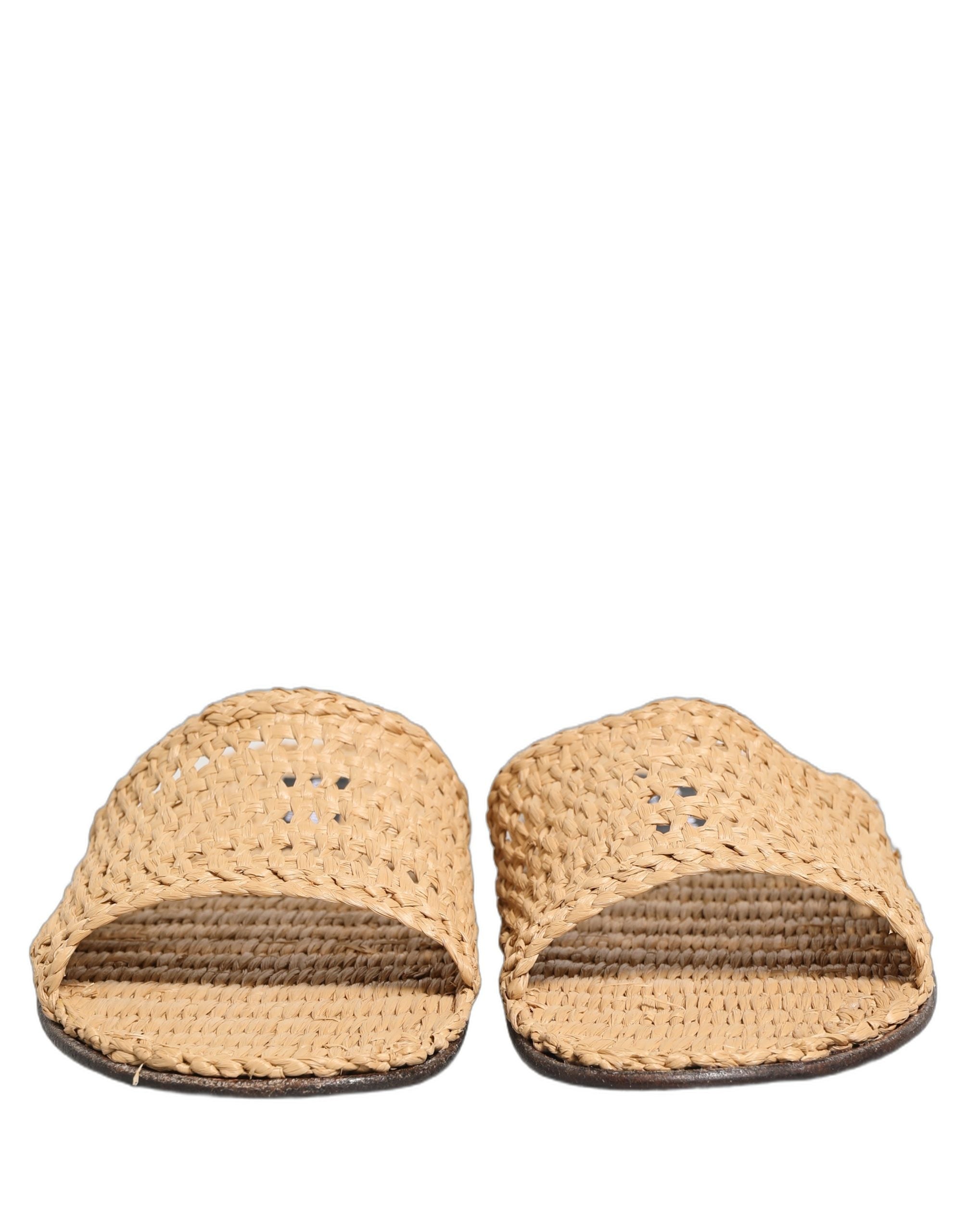 Beige Straw Raffia Slides Sandals Flats Shoes