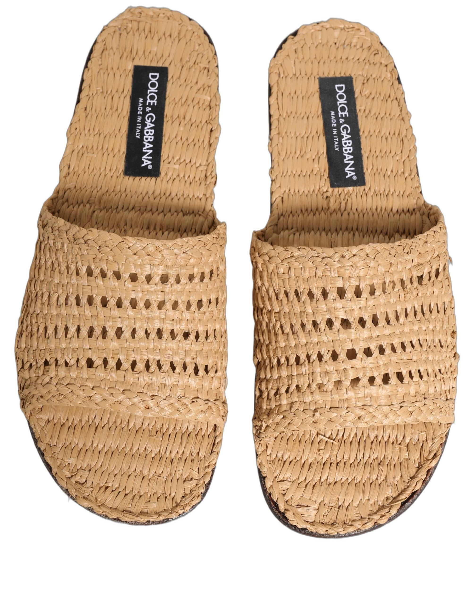 Beige Straw Raffia Slides Sandals Flats Shoes