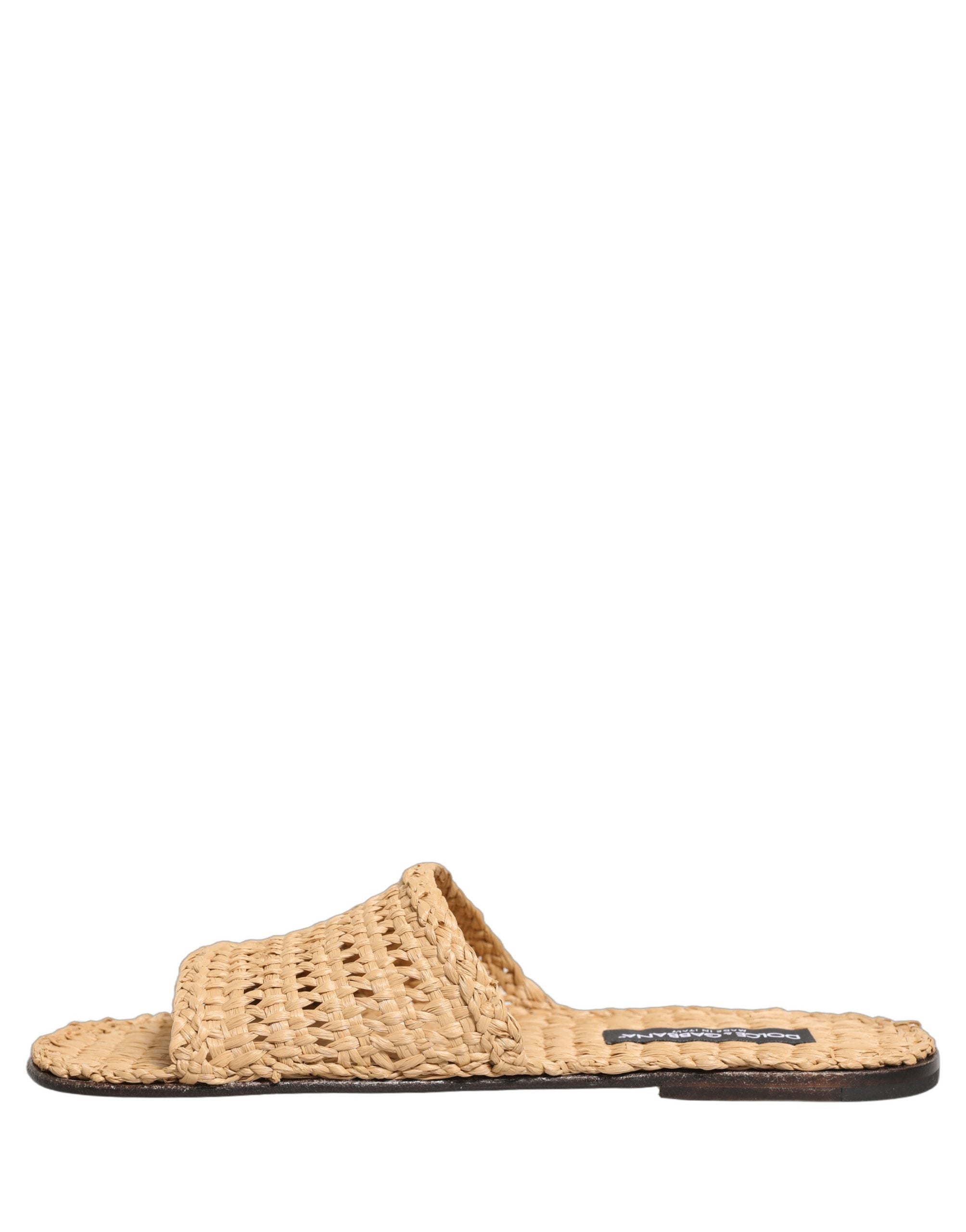 Beige Straw Raffia Slides Sandals Flats Shoes