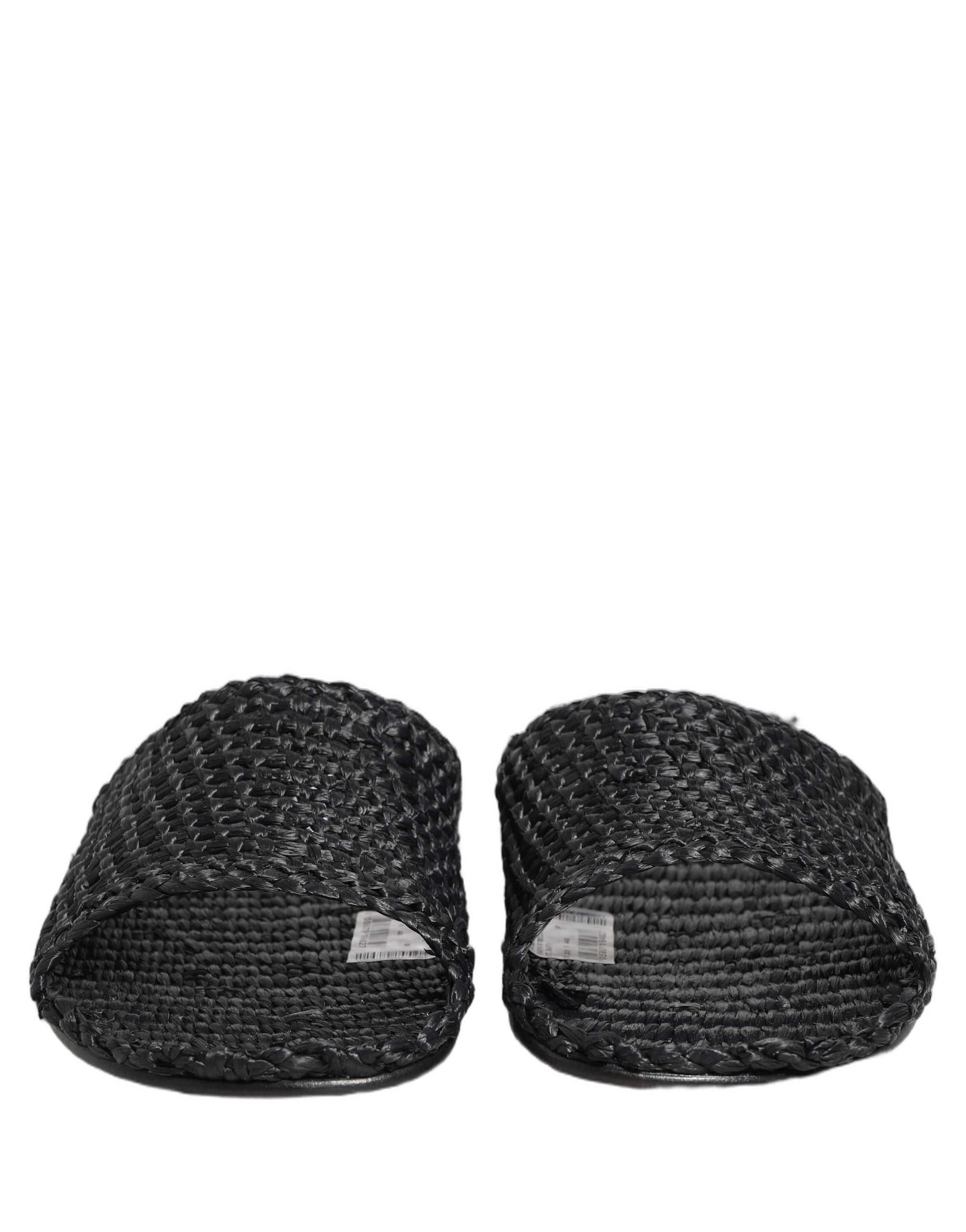 Black Straw Raffia Slides Sandals Flats Shoes