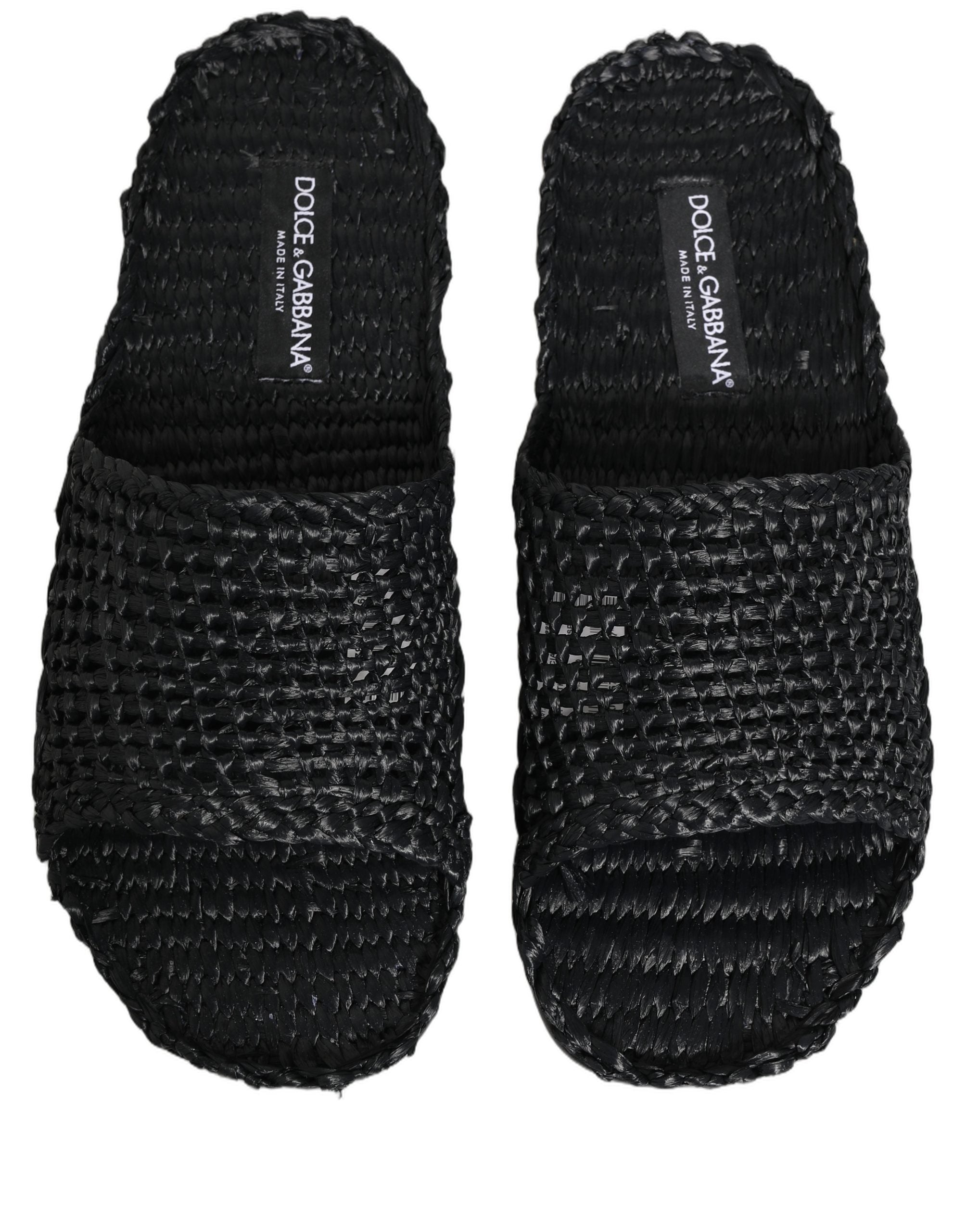 Black Straw Raffia Slides Sandals Flats Shoes