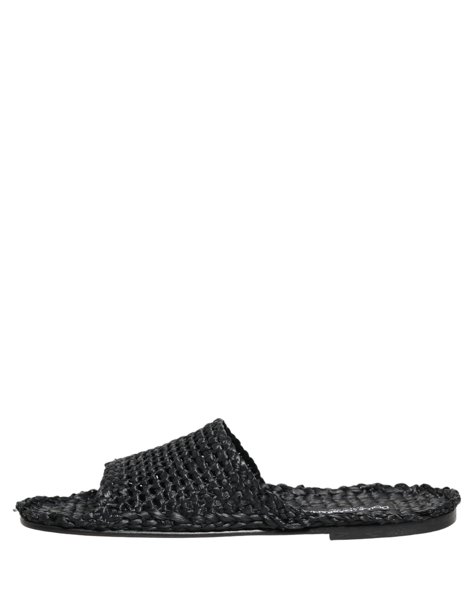 Black Straw Raffia Slides Sandals Flats Shoes