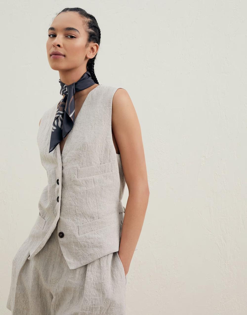 Beige Linen Sleeveless Jacket