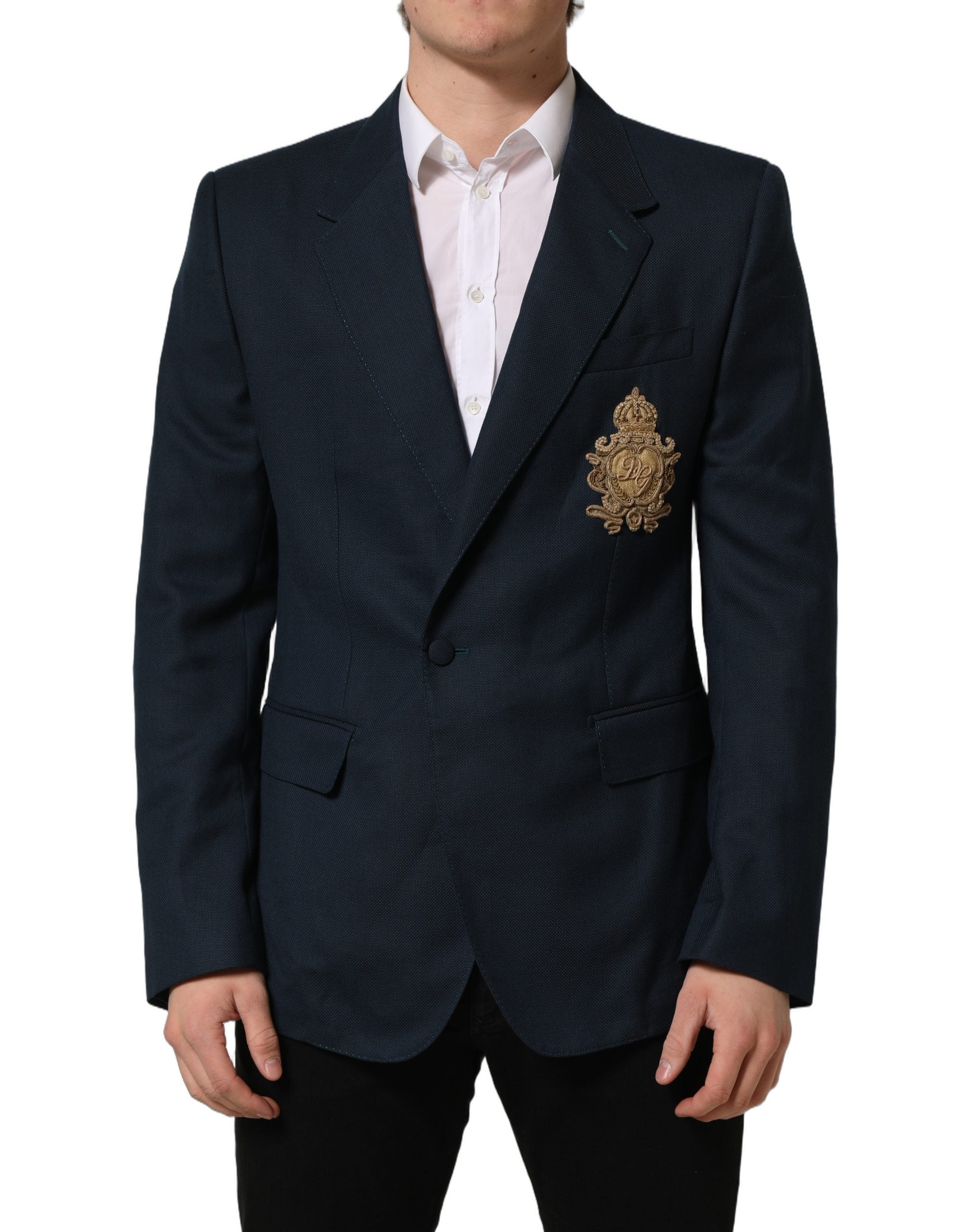 Blue Wool Logo Single Breasted Coat Blazer