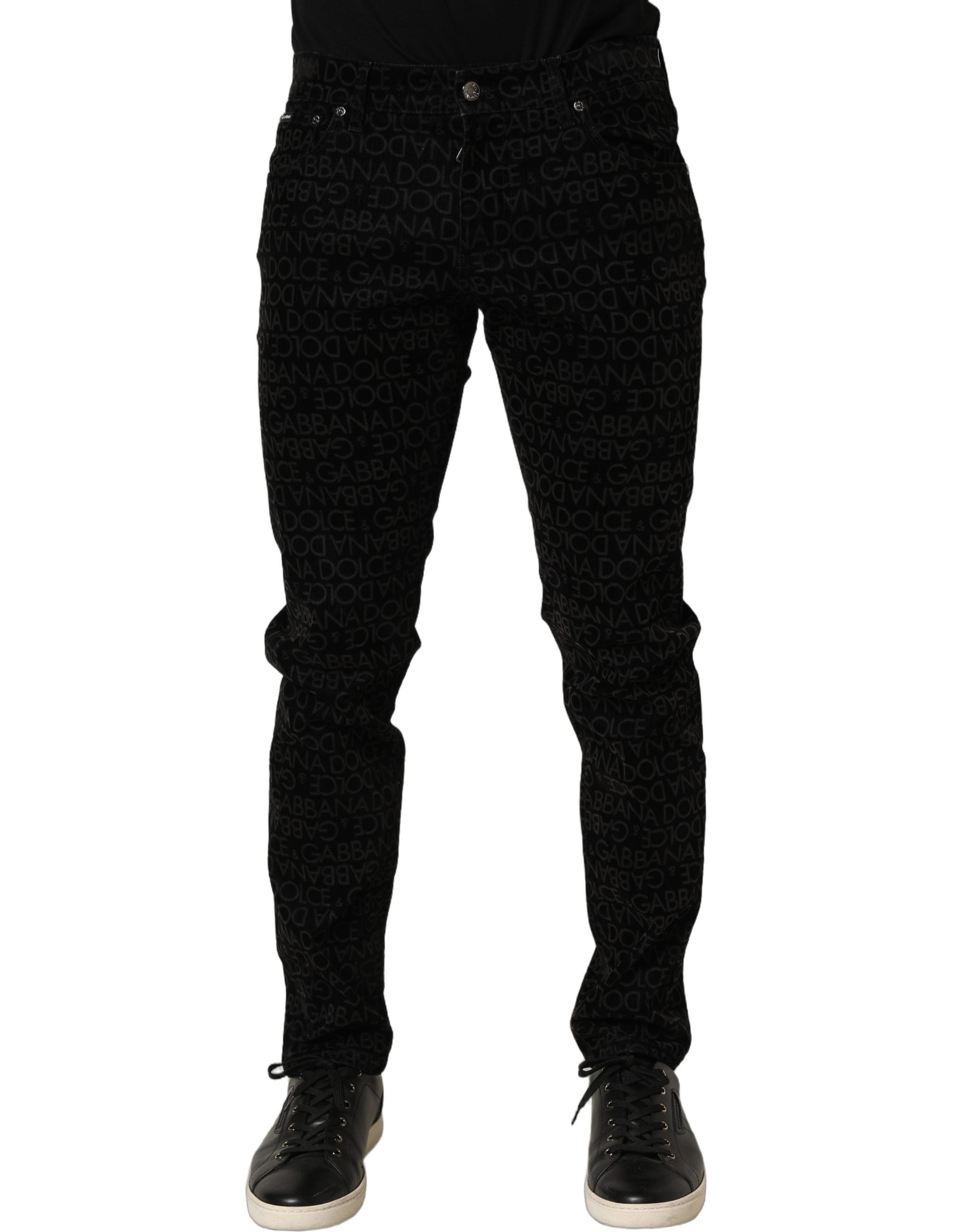 Black Logo Monogram Cotton Slim Denim Jeans
