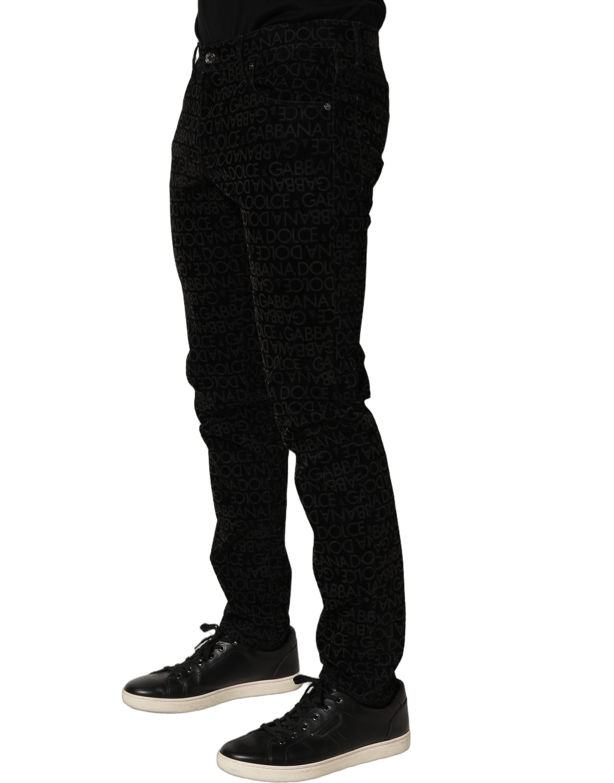 Black Logo Monogram Cotton Slim Denim Jeans