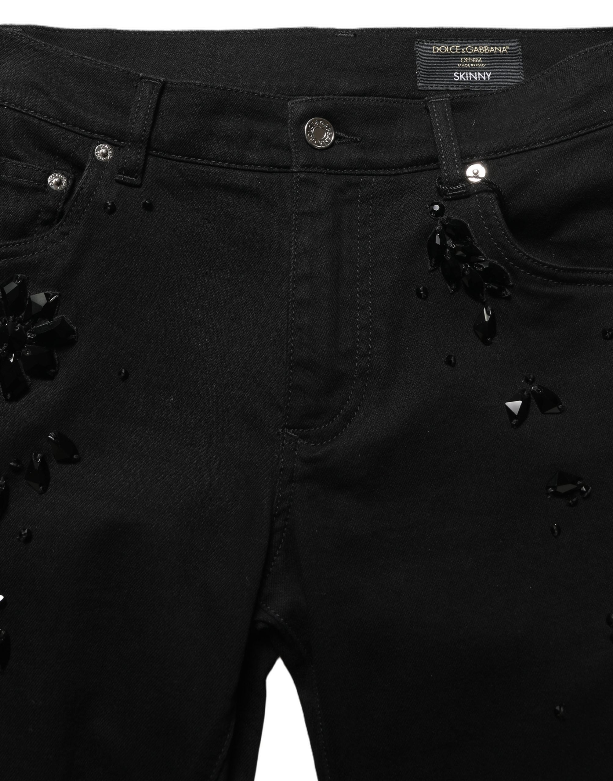 Black Embellished Cotton Skinny Denim Jeans