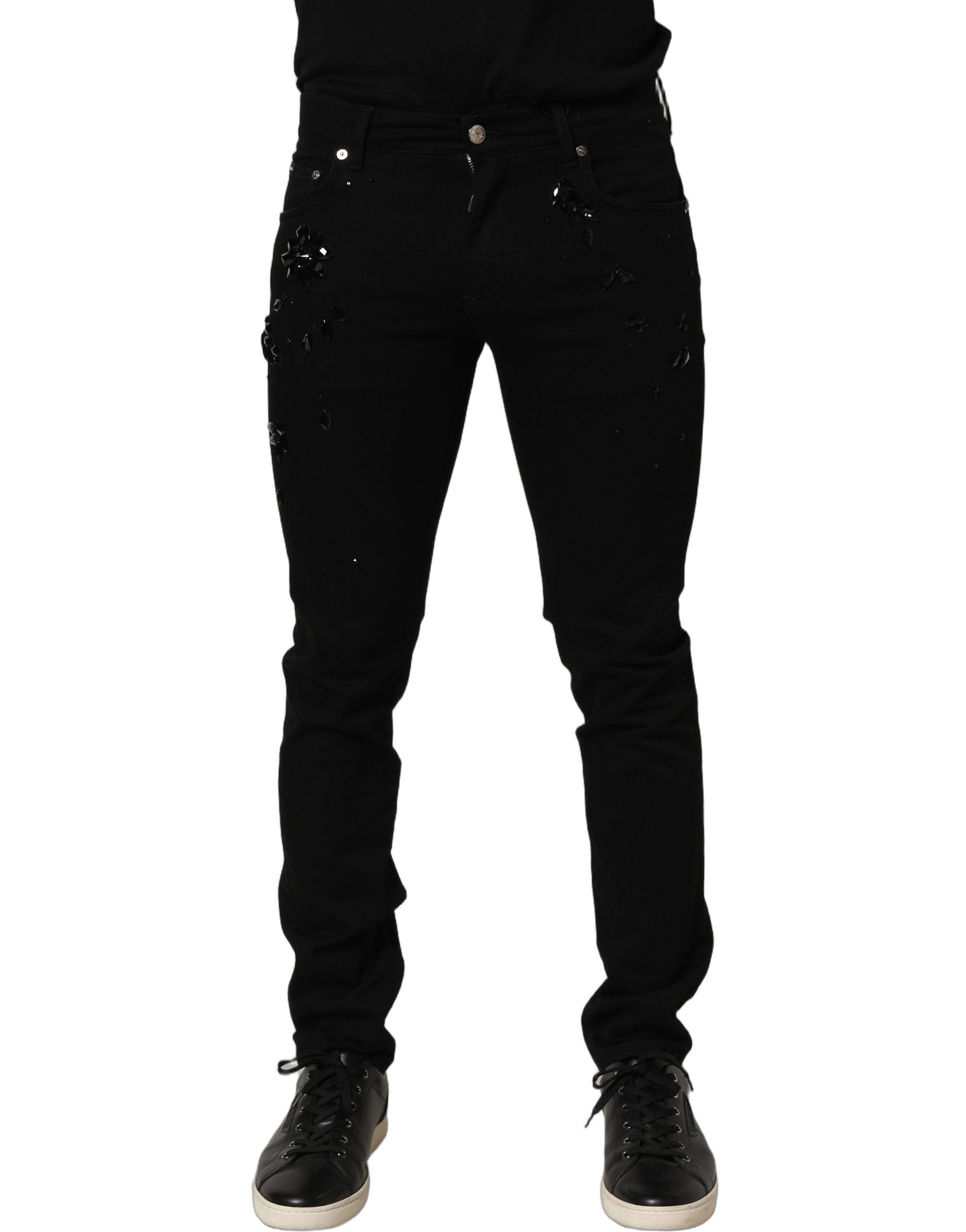 Black Embellished Cotton Skinny Denim Jeans