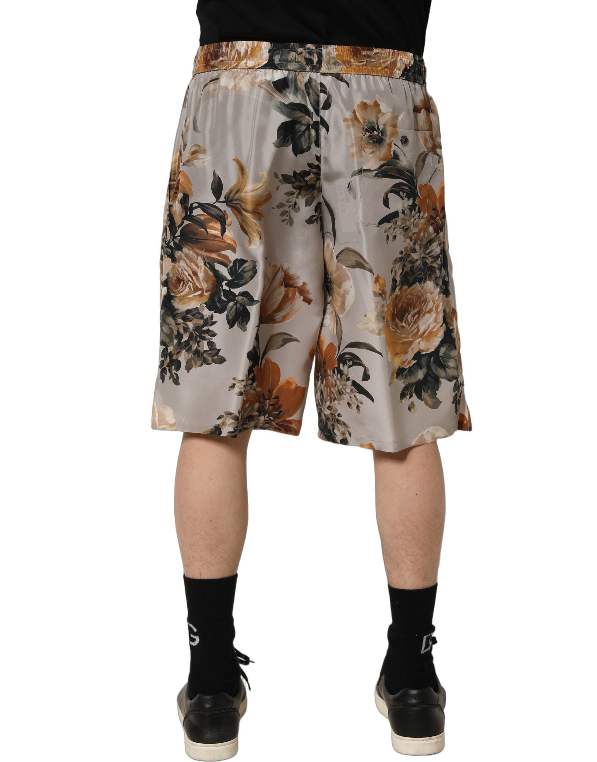 Beige Floral Print Silk Men Bermuda Shorts