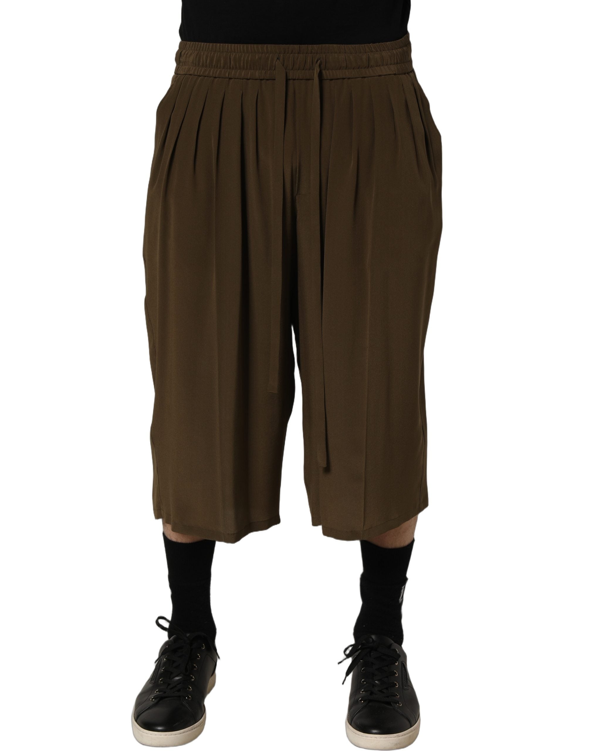 Brown Silk Mid Waist Pleated Bermuda Shorts