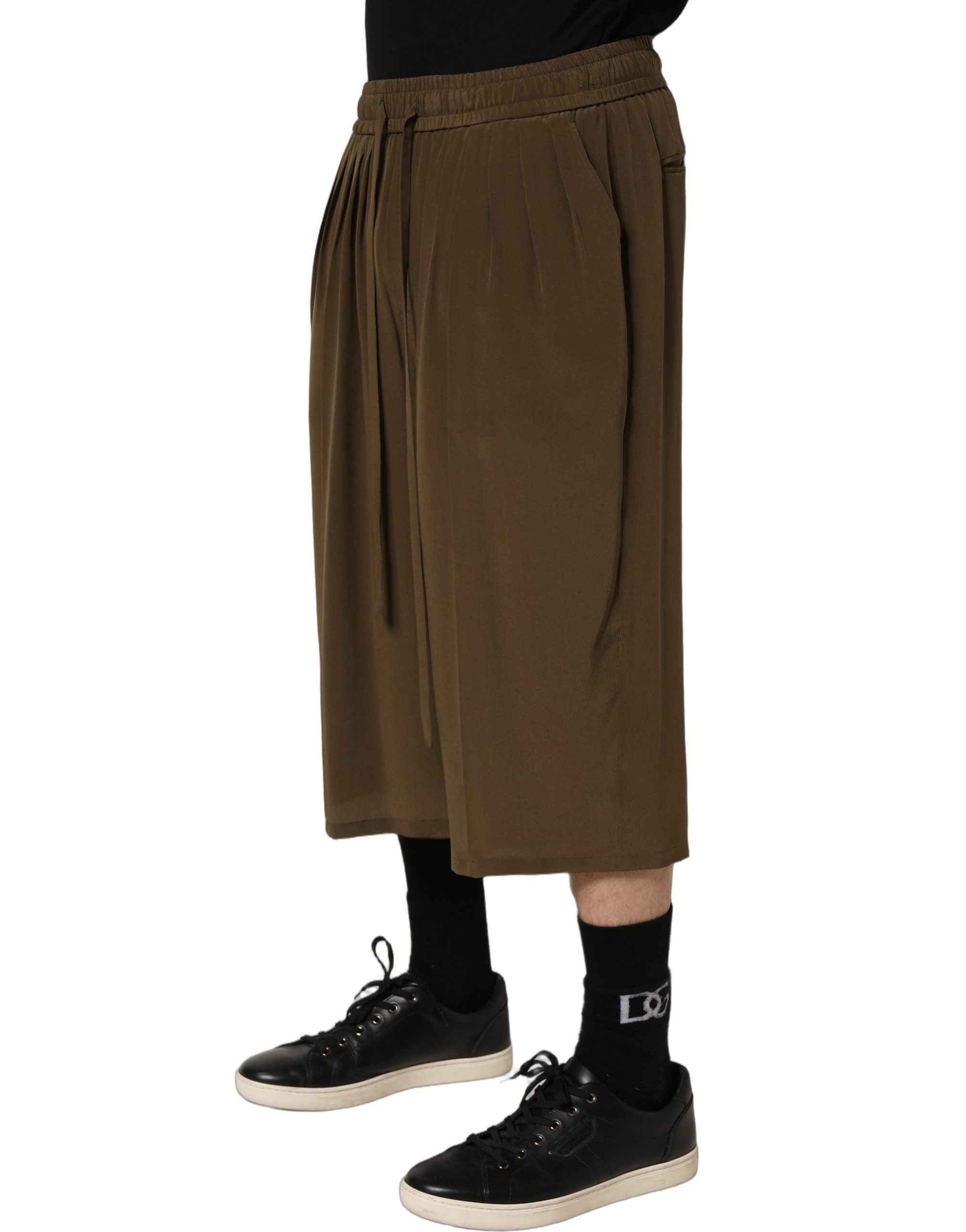 Brown Silk Mid Waist Pleated Bermuda Shorts