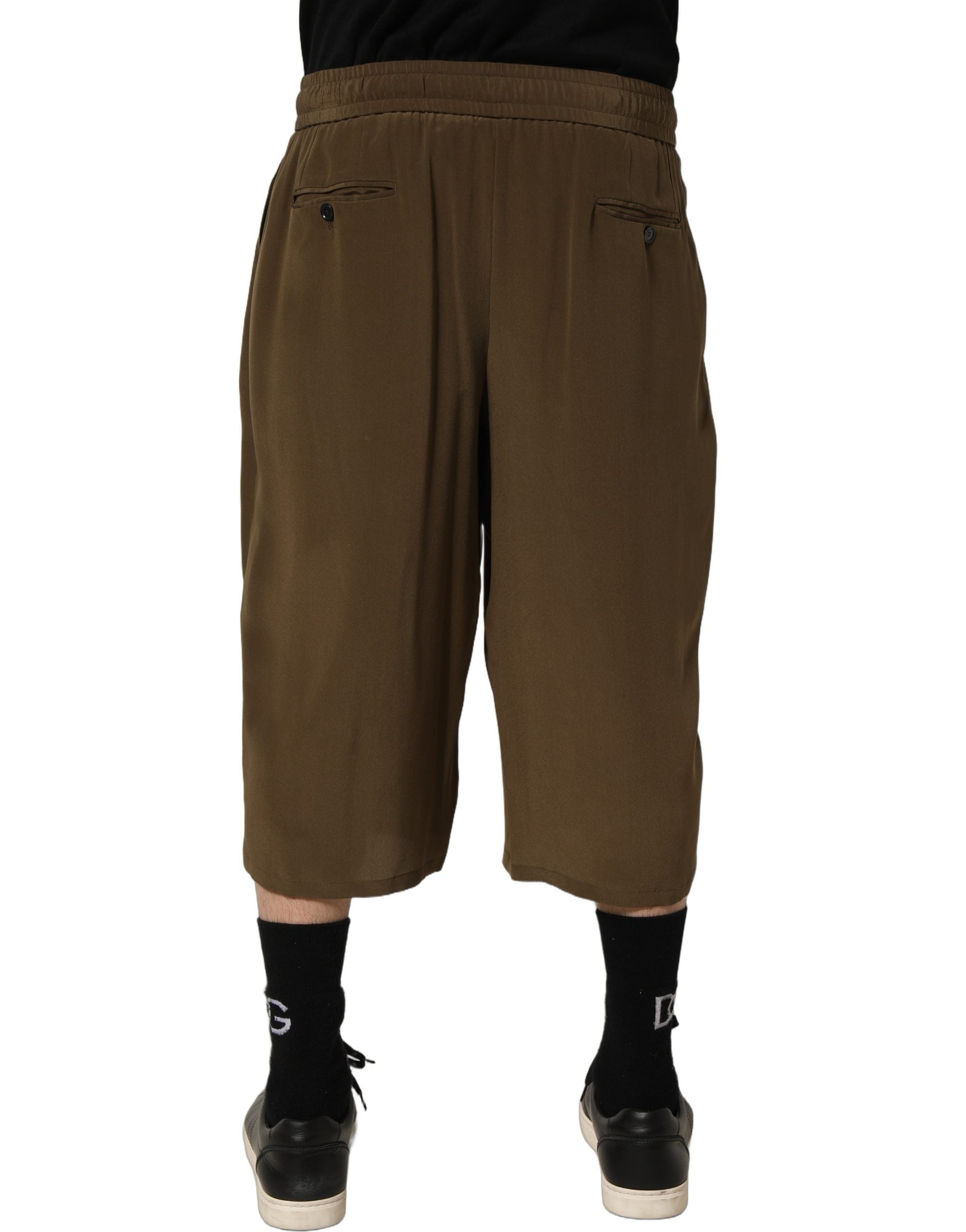 Brown Silk Mid Waist Pleated Bermuda Shorts