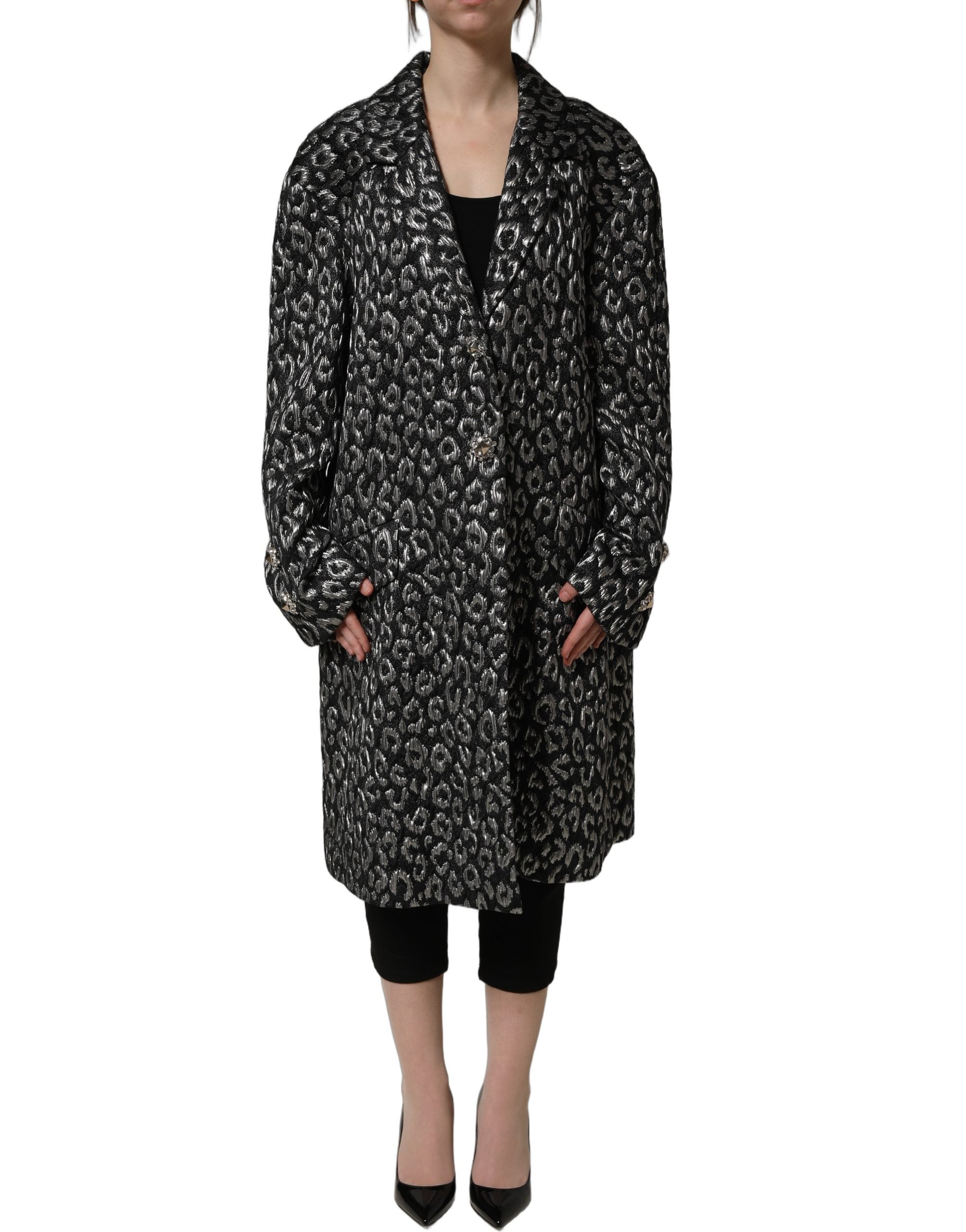 Black Silver Jacquard Leopard Coat Jacket
