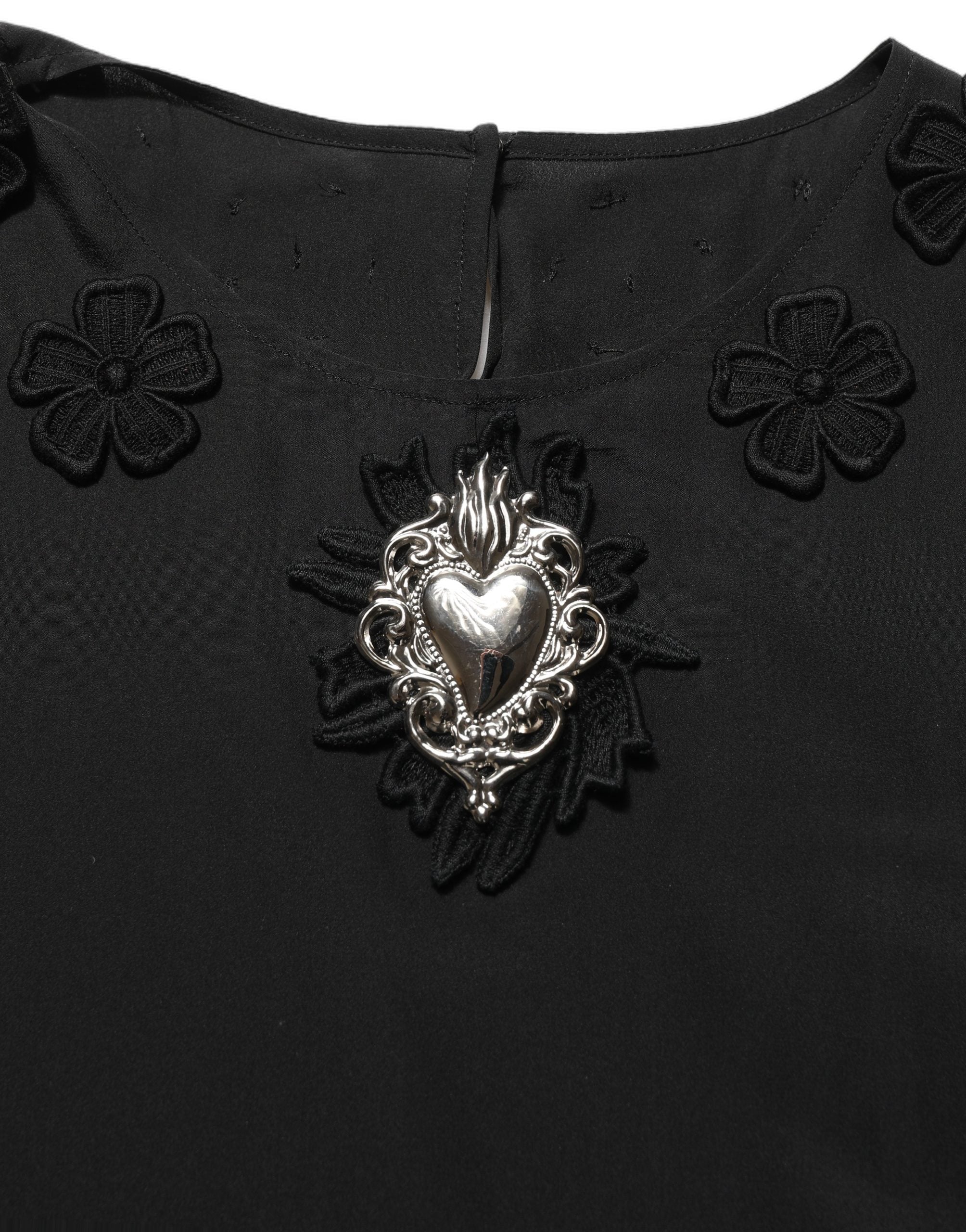 Black Floral Silk Heart Appliqué Blouse Top