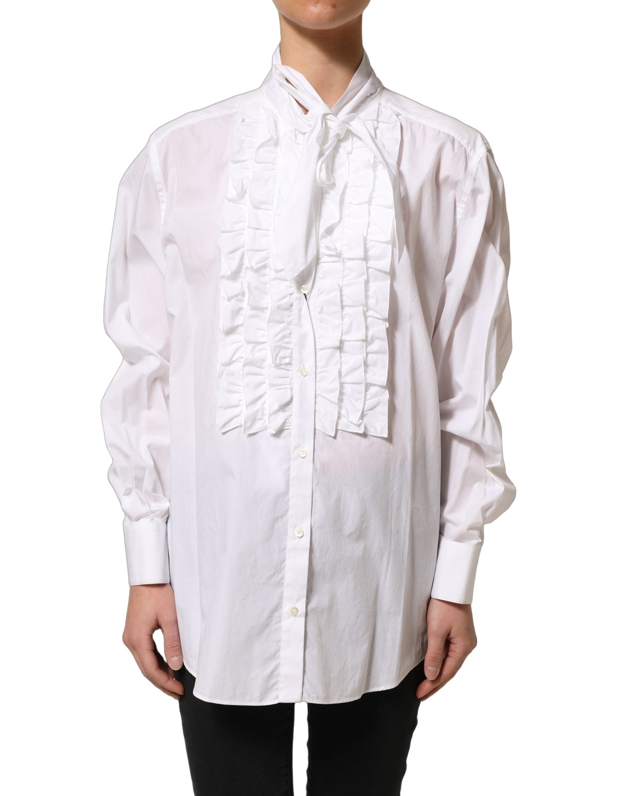 White Ruffled Bib Long Sleeves Blouse Top
