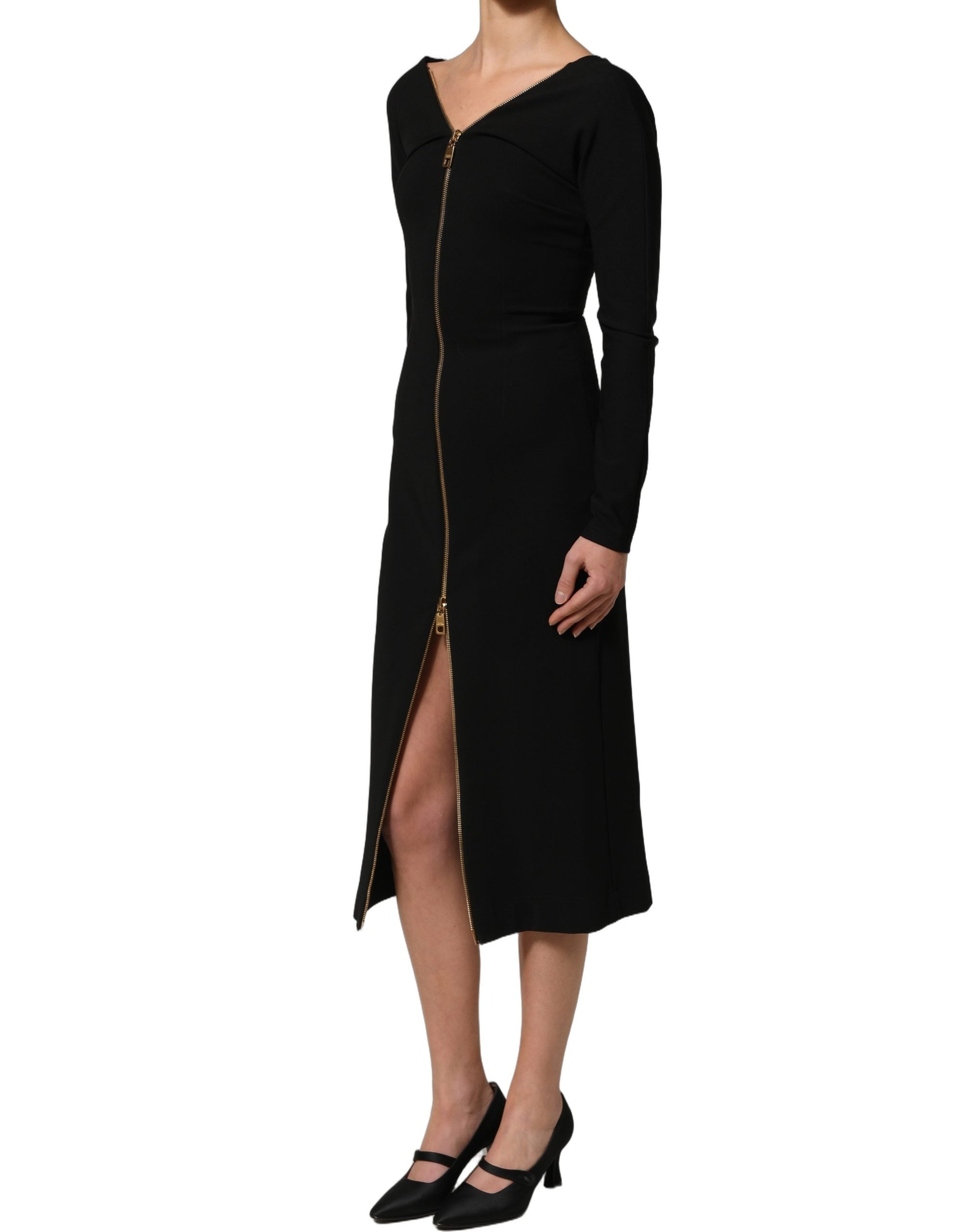 Black Long Sleeves Front Zipper Midi Dress