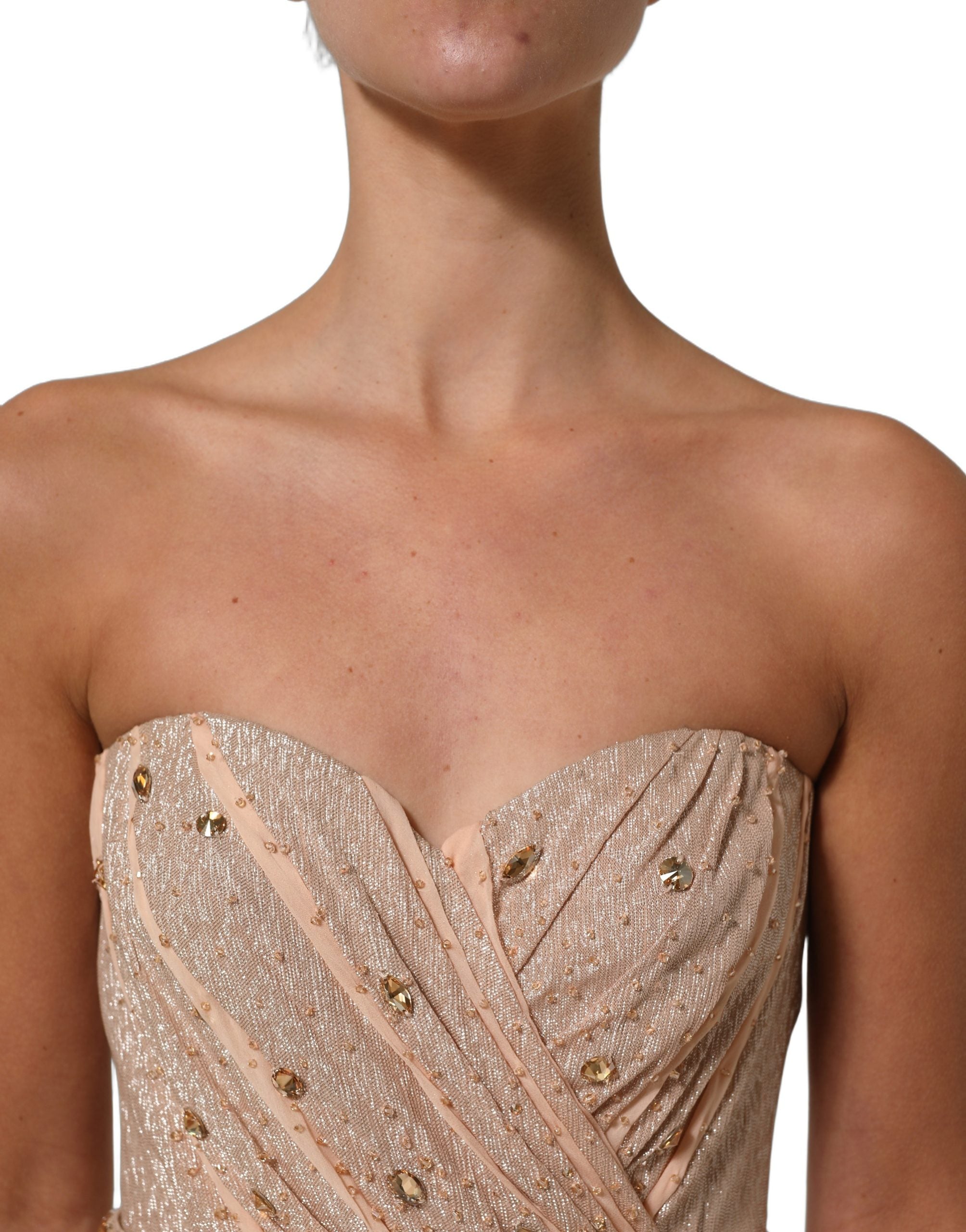 Nude Embellished Strapless Evening Gown Dress