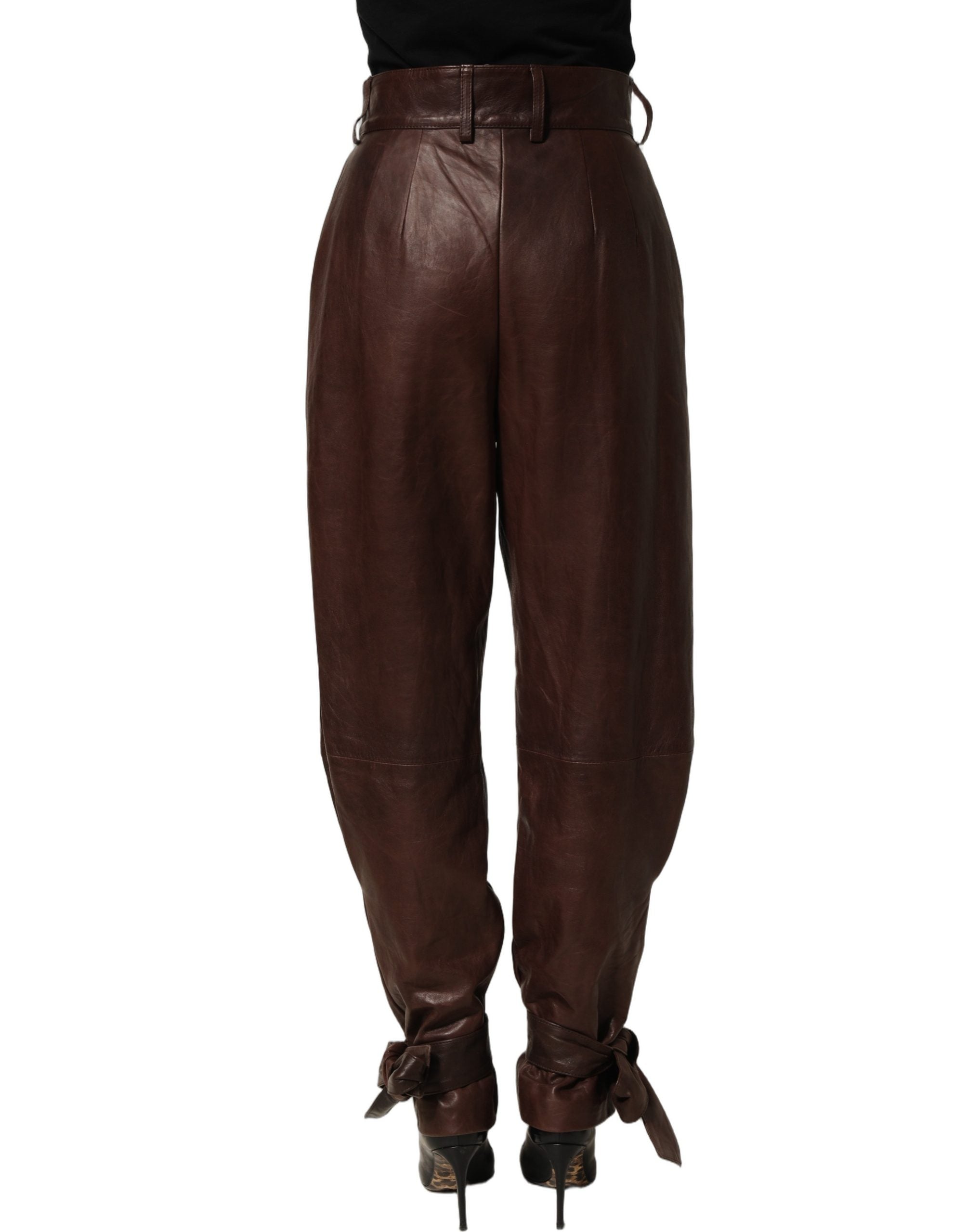 Brown Leather High Waist Tapered Leg Pants