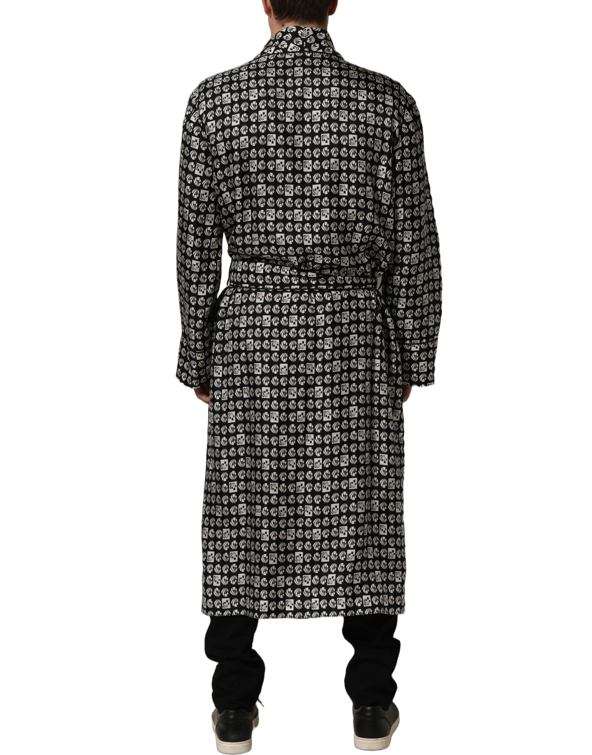 Black White Silk Men Wrap Robe Coat Jacket