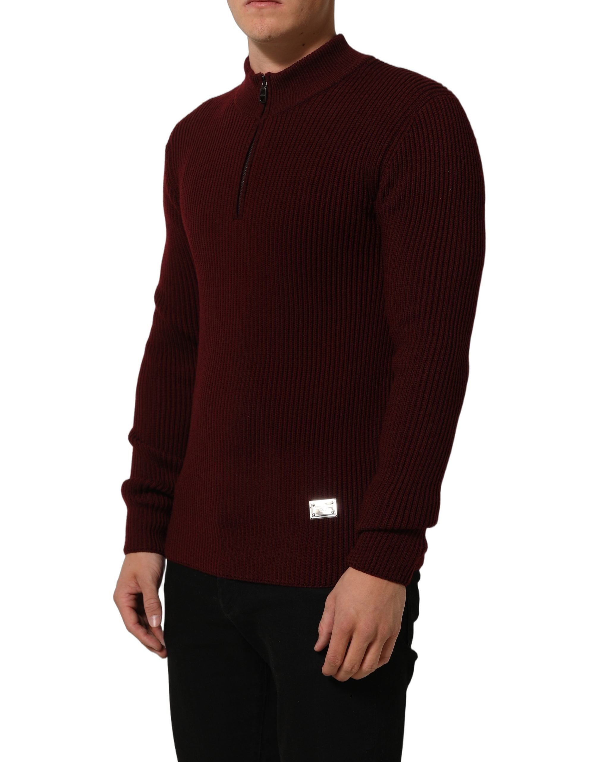 Burgundy Wool Half Zip Men Pullover Sweater