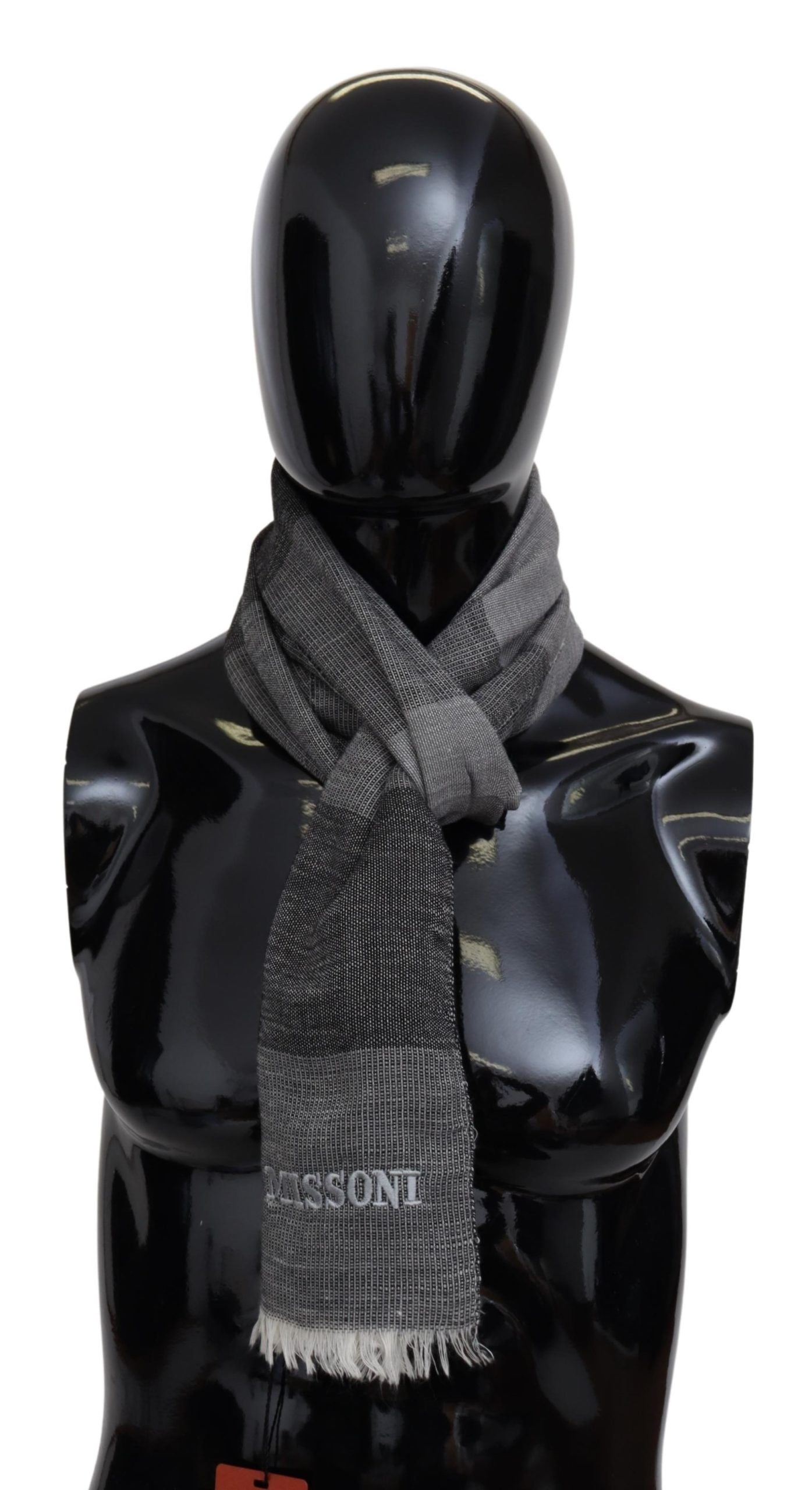 Gray Striped Wool Unisex Neck Wrap Fringes Scarf