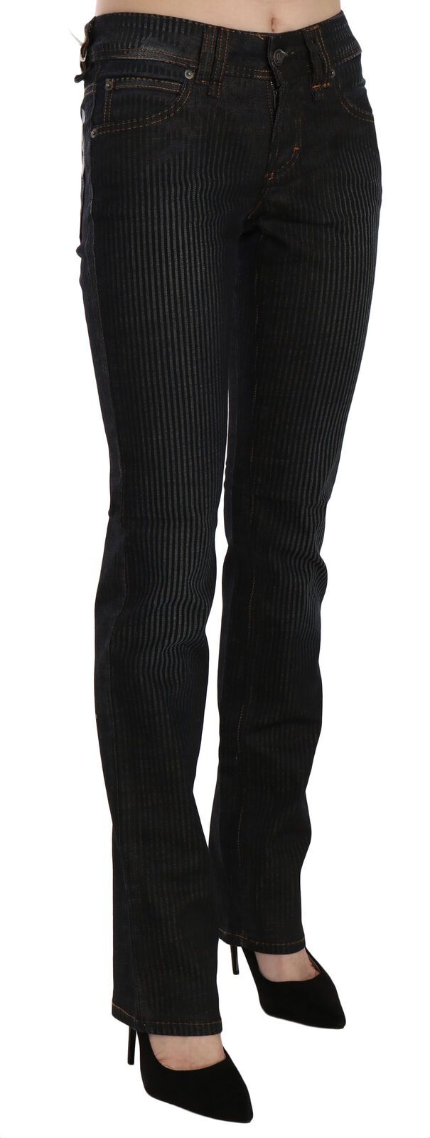 Blugi eleganți John Galliano negri, croială slim fit, din catifea reiată