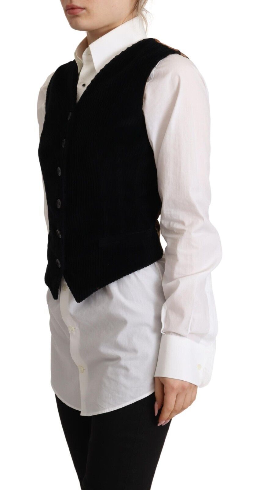 Black V-neck Leopard Corduroy Button Vest Top