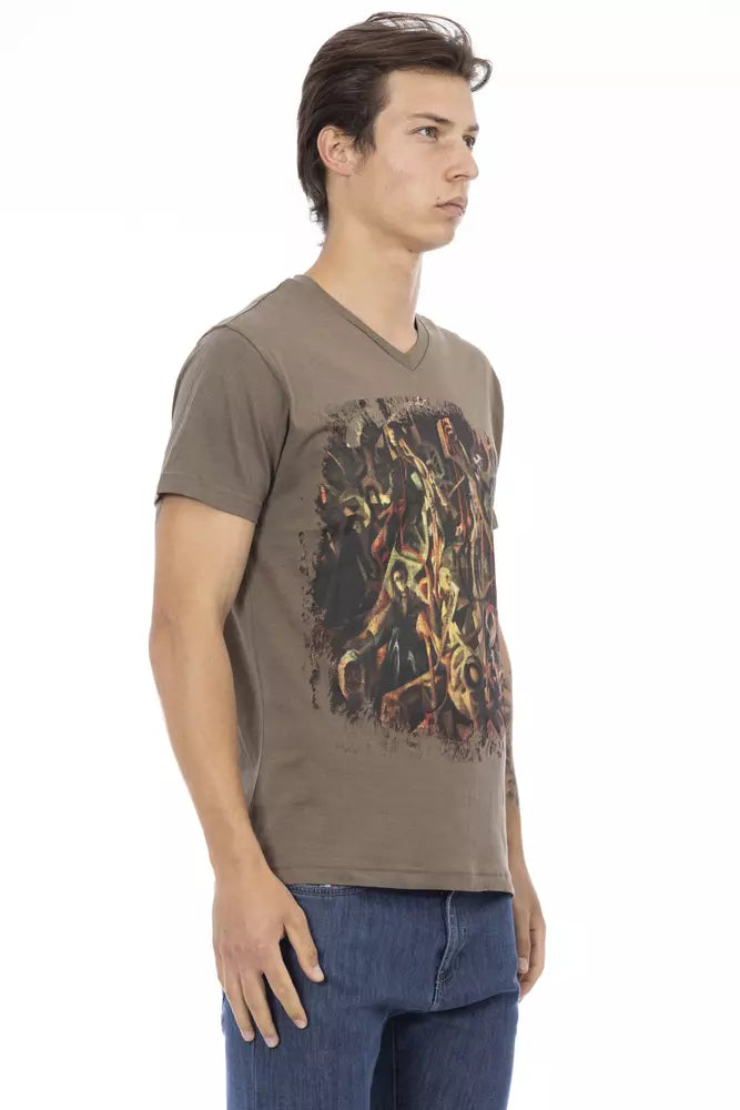 Brown Cotton Men's V-Neck T-Shirt